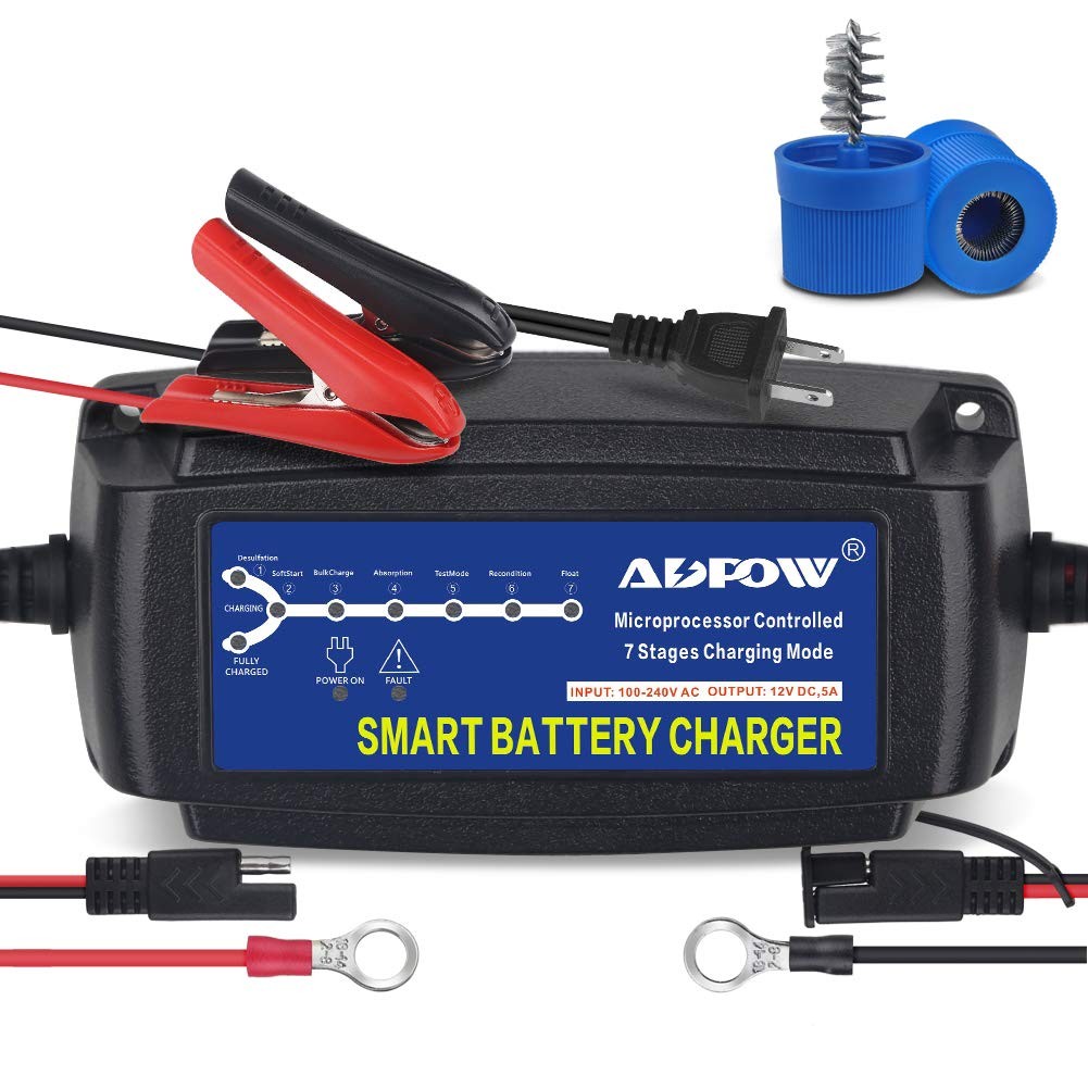 ADPOW 5A 12V Automatic Smart Battery Charger Automotive Maintainer Black
