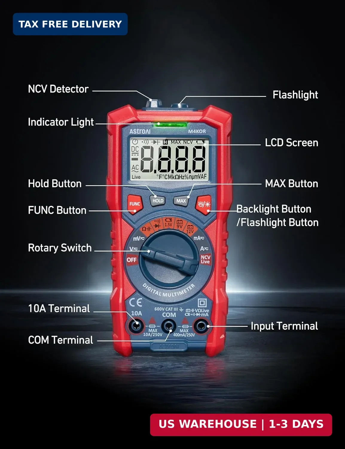 AstroAI Multimeter Tester, TRMS 4000 Counts Volt Meter Auto-Ranging Ohmmeter Dig