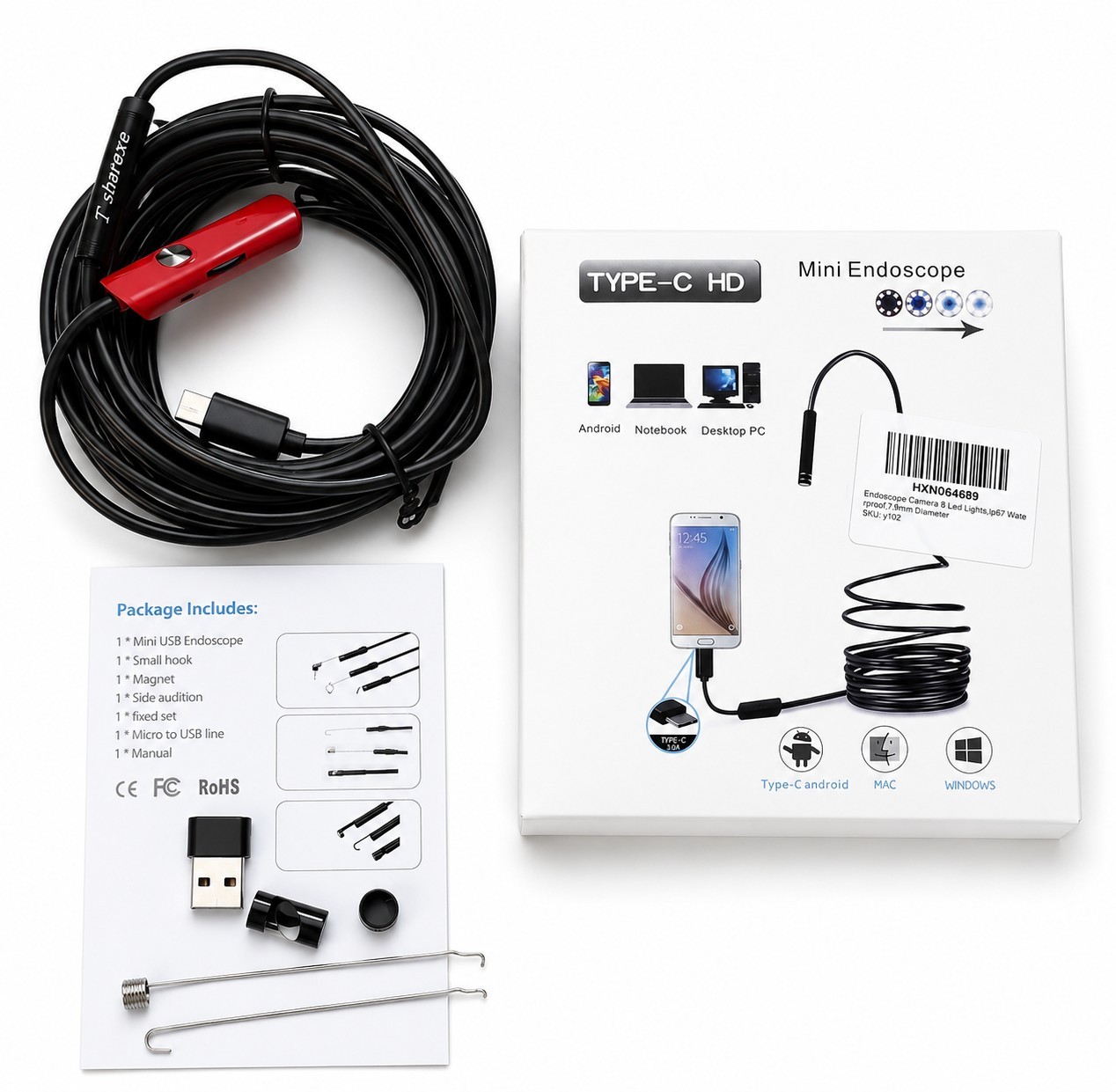 T-sharexe HD Endoscope Camera 5M USB-C IP67 720P 8 LED for PC Mac Android