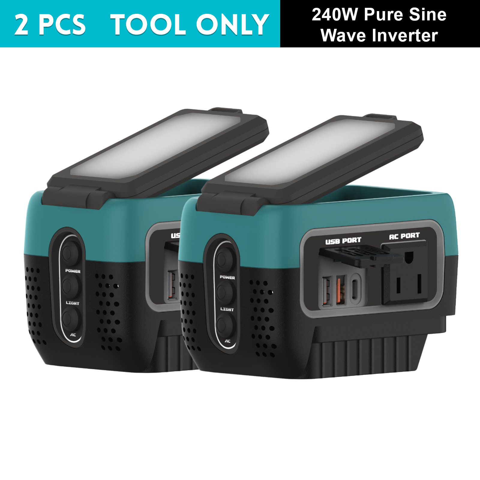 240W Pure Sine Wave Inverter for Makita 18V Battery  AC Outlet 600lm LED 2Pcs
