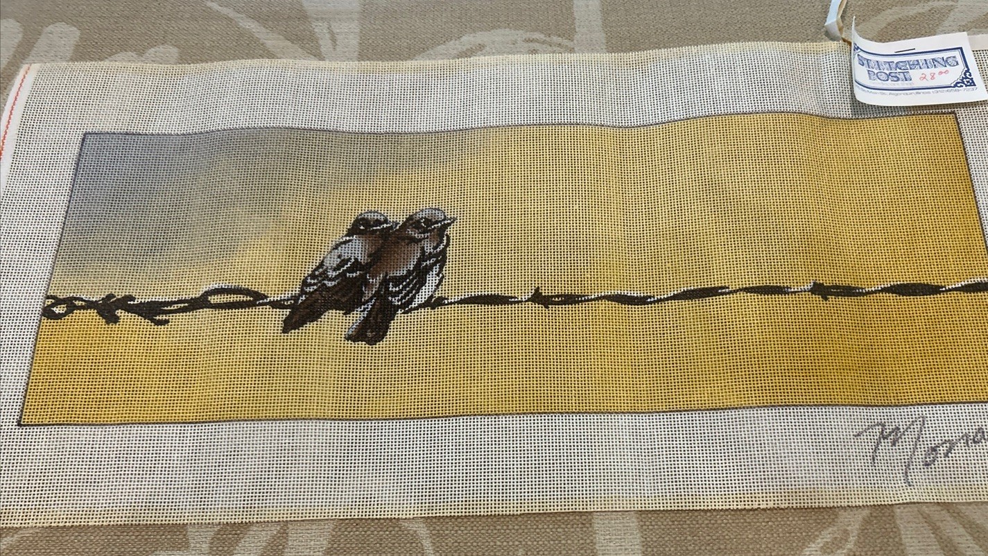 Vtg Handpainted Needlepoint Canvas Two Birds On A Wire  Signed 24 By 11” Unused