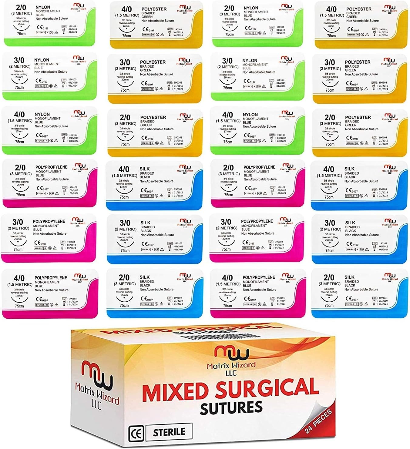 Sutures Thread with Needle (24 Mixed 2/0, 3/0, 4/0) - Practicing Suturing; Taxid