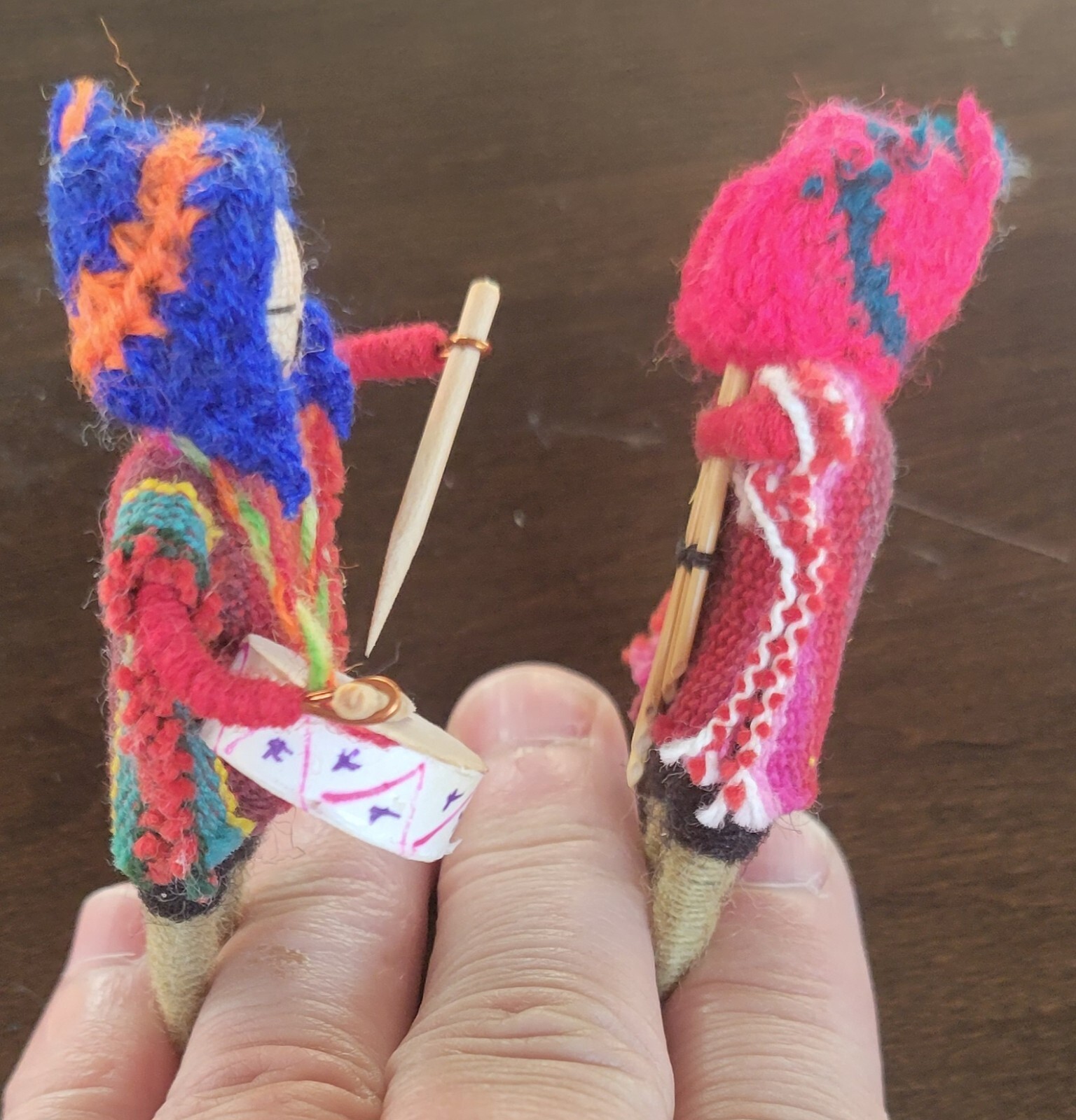 Vintage Pair Small Peruvian Folk Doll Handmade 2.50" Holding Musical Instruments