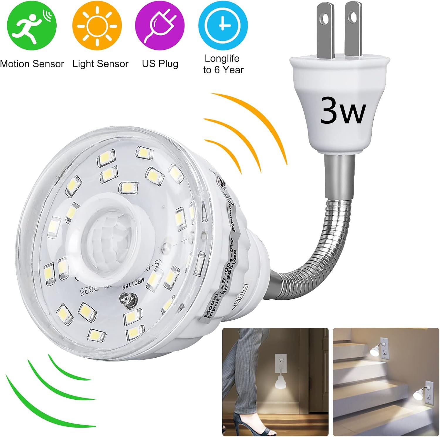 LED Sensor Night Light Motion-Activated AC Outlet Plug-In Wall Stair Lamp Indoor