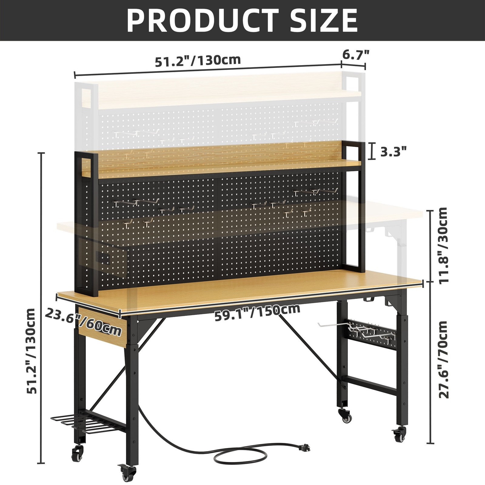 59” Heavy Duty Workbench w Pegboard Wheels Power Outlets 2000 lb