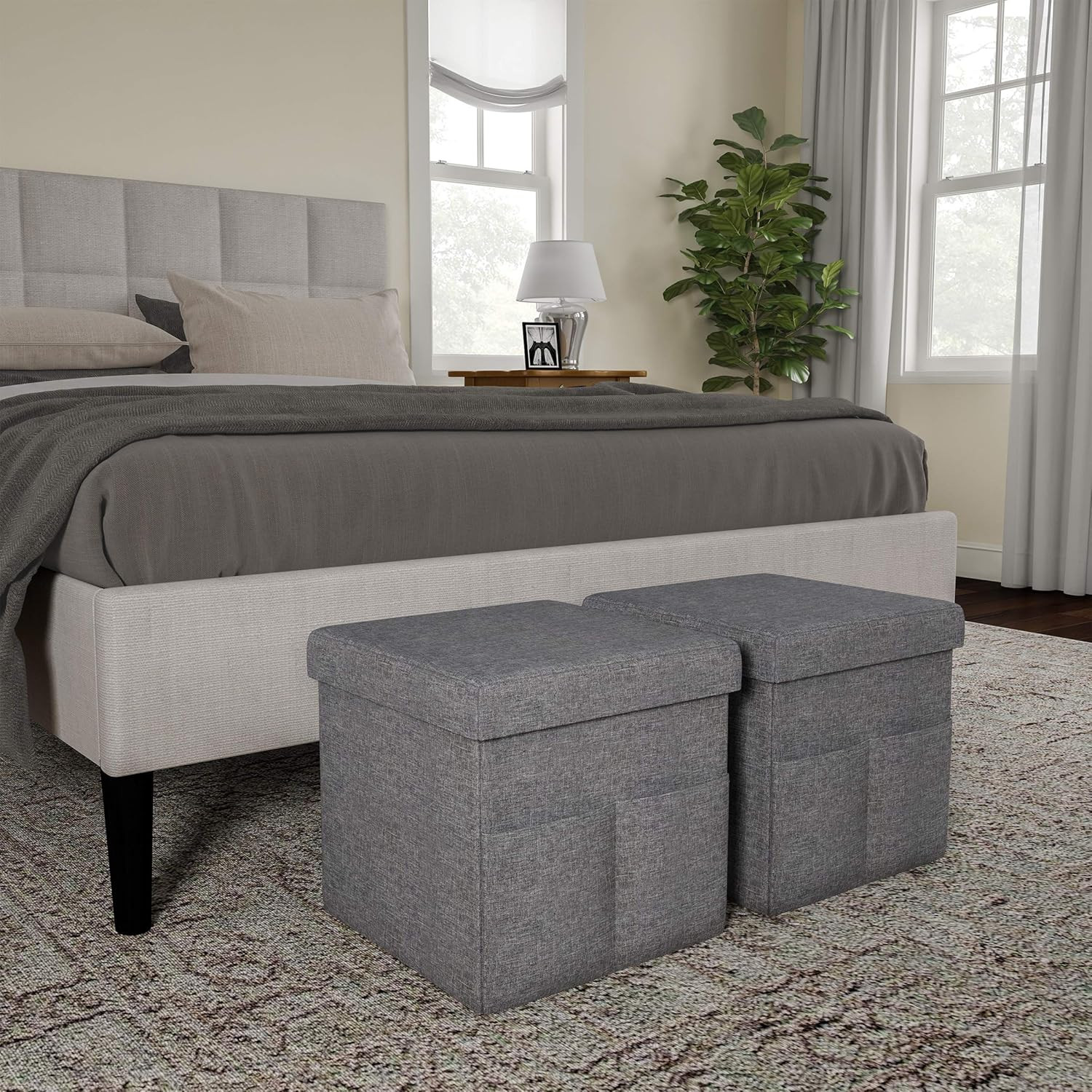 Set of 2 Ottomans with Storage Pockets - 15-Inch Folding Foot Rests or Storage O
