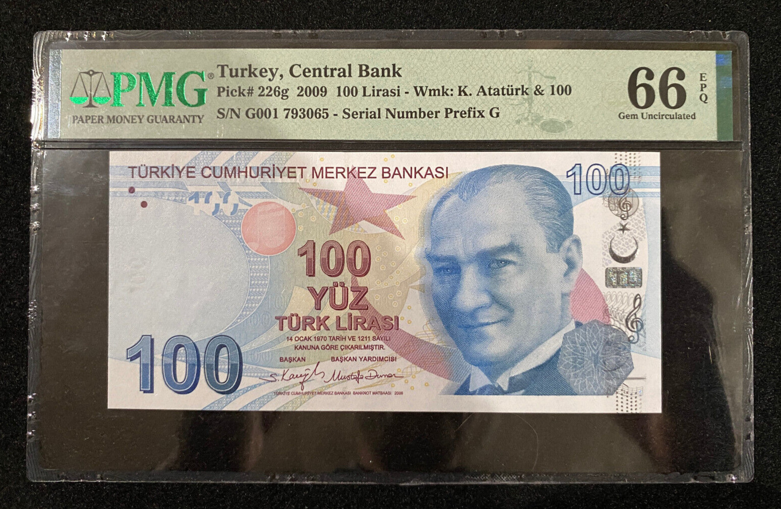 Turkey Central Bank 100 Lirasi 2009 Pick#226g PMG 66 EPQ Gem UNC