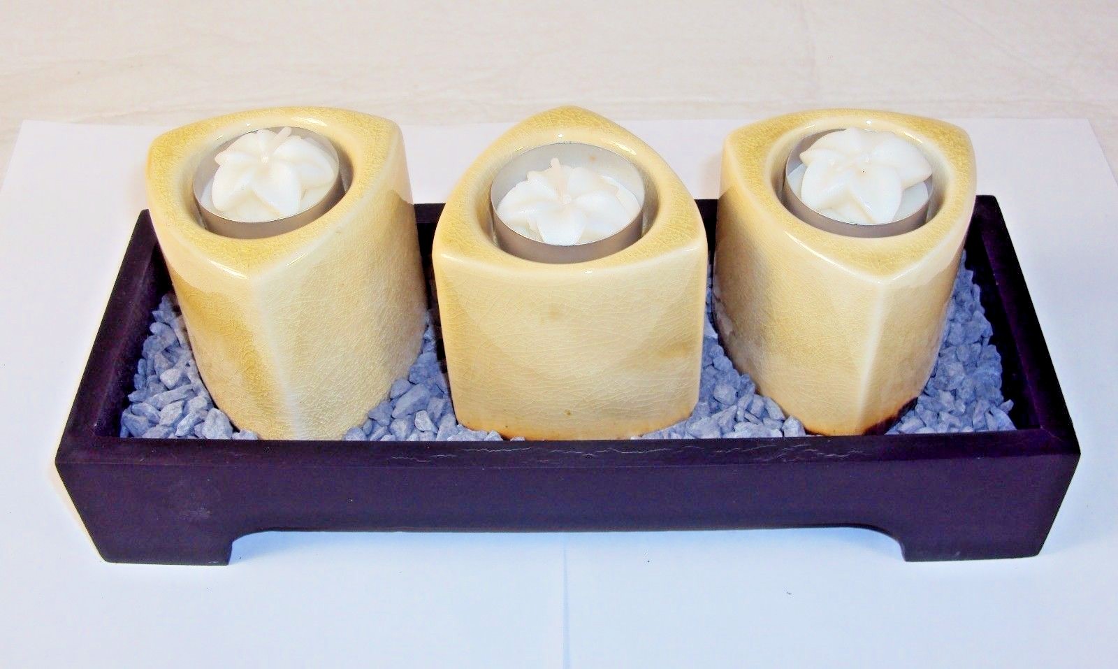 3 Votive Wooden Candle Tray w/Ceramic Towers, Florettes & Decorative Gravel