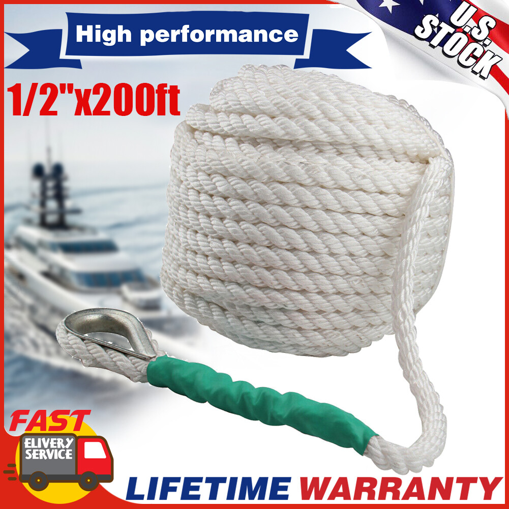 1/2"x200ft Twisted Three Strand White Nylon Anchor Rope Braided Boat W/ Thimble