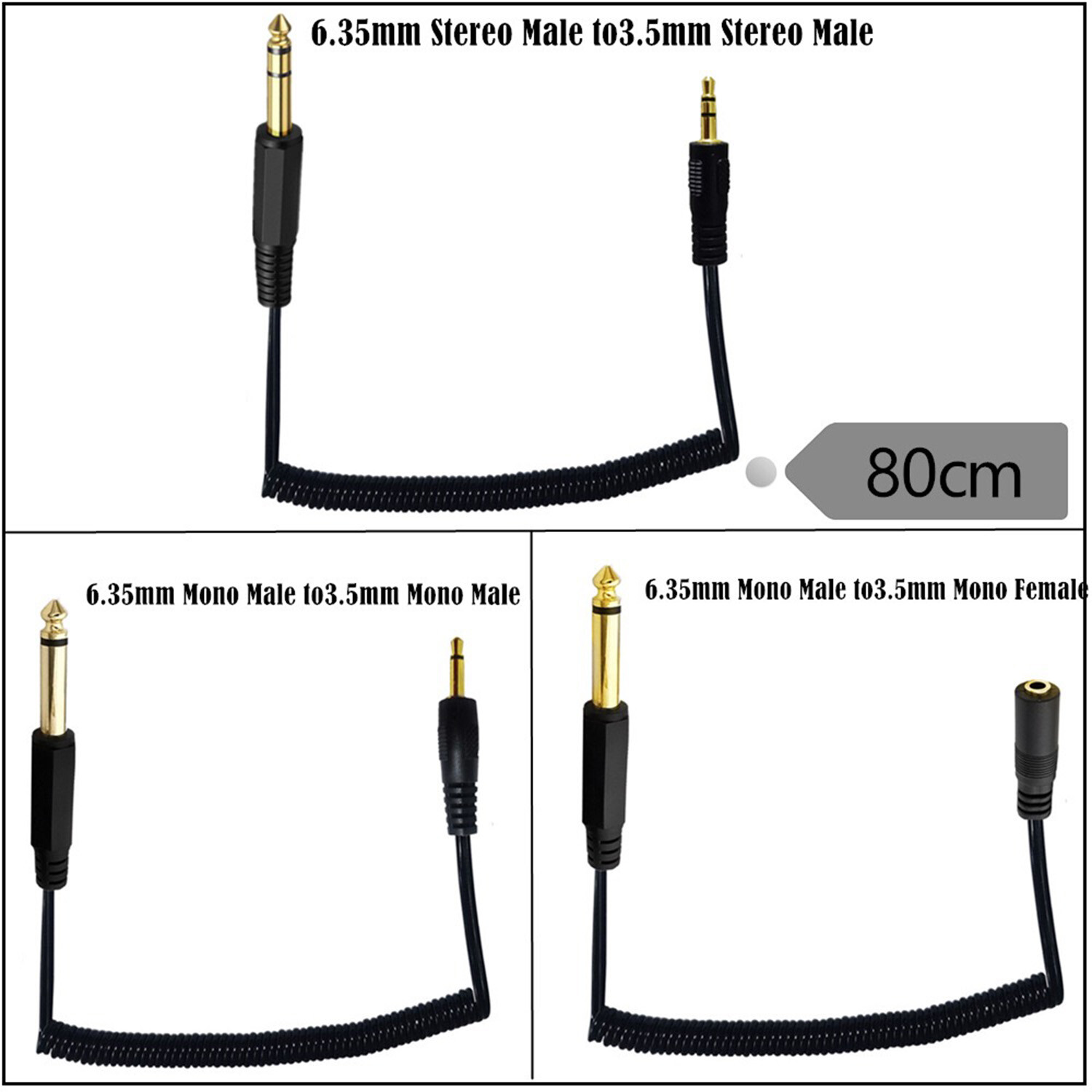 6.35mm 1/4" To 3.5mm TRS TS Stereo Mono Audio Coiled Spiral Adapter Cable Cord