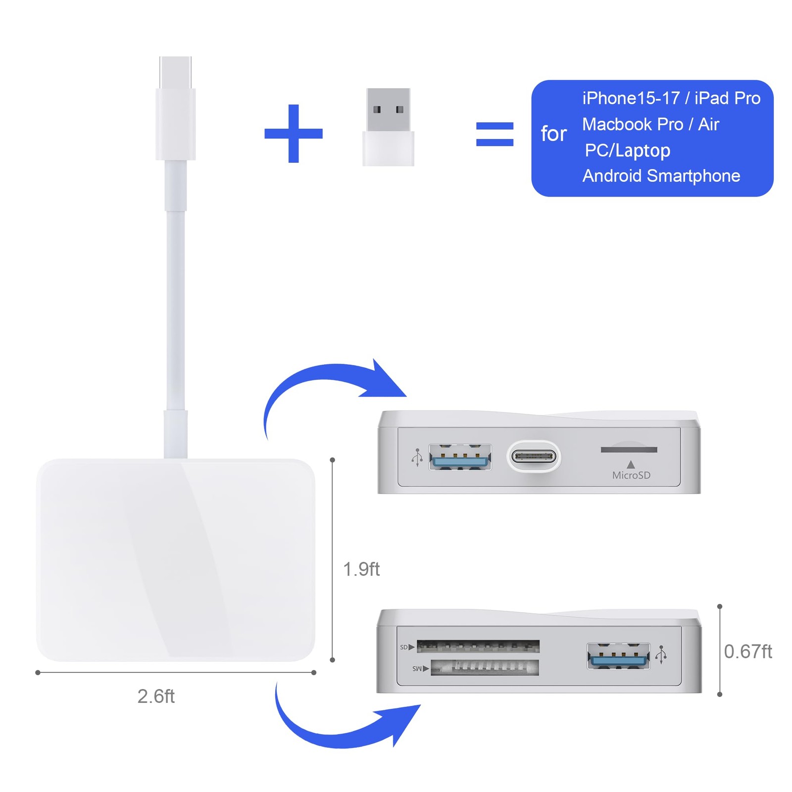 SD Card Reader, 5 in 1 USB-C & USB Adapter with SD/MicroSD/MS and White