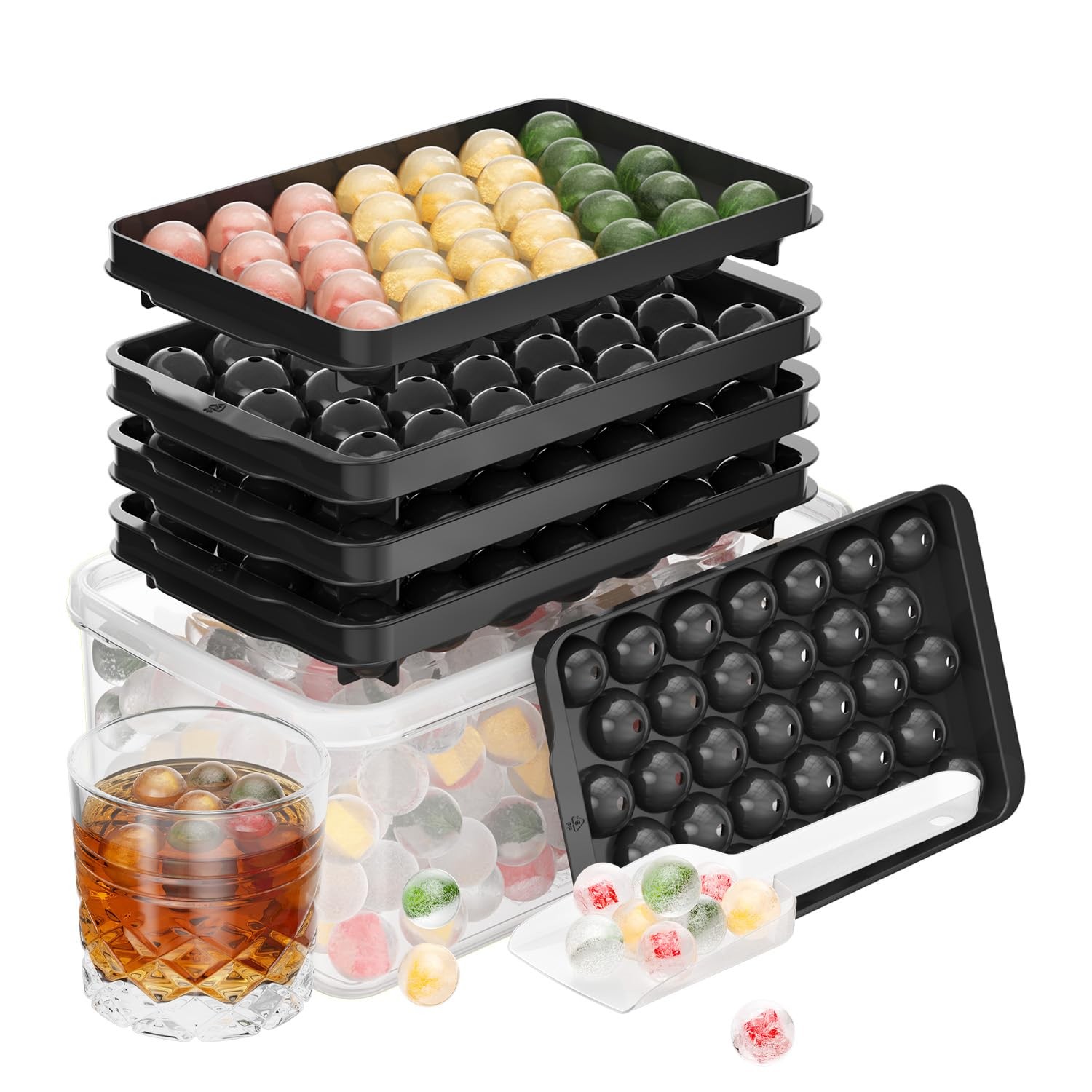 Optish Ice Cube Tray with Lid and Bin, 3 Pack 7.9 x 4.9 x 3.4 Inch, Black