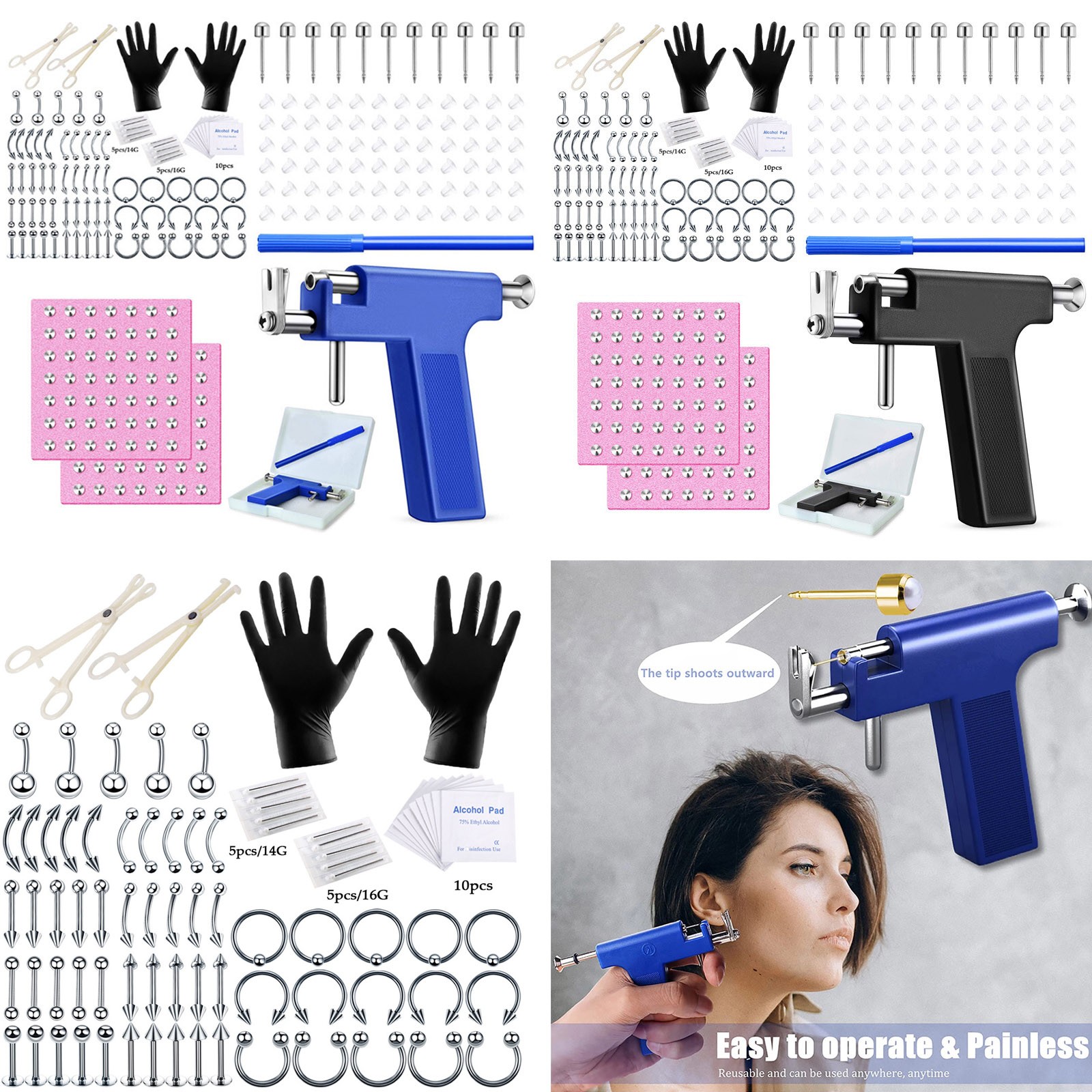 84-185PCS Professional Ear Piercing Gun Tool Kit Nose Ring Navel Studs Earrings