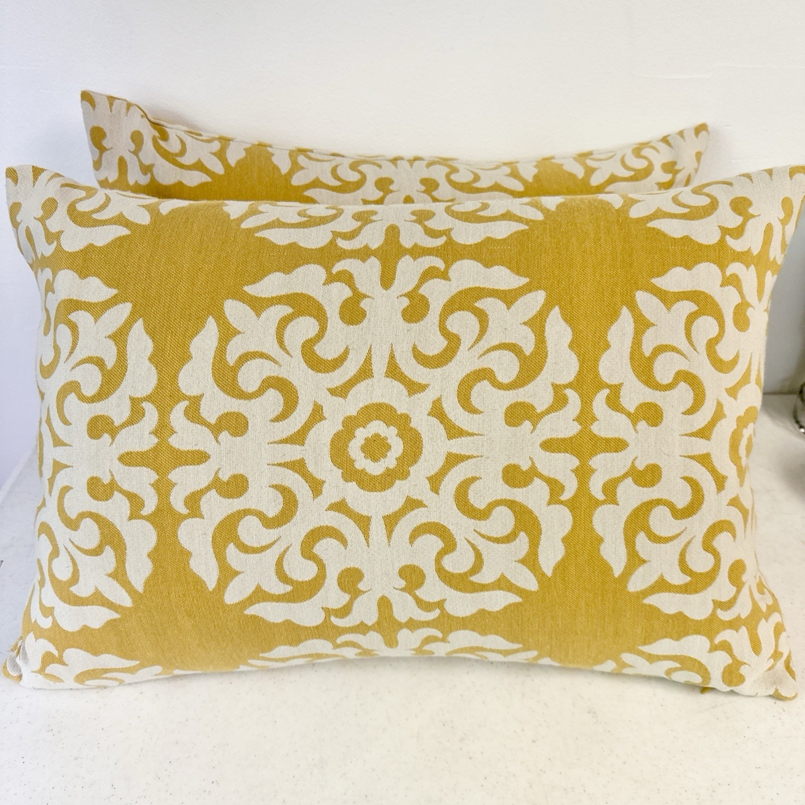 Set of Two Yellow & White Zip Decor Pillows With Down Feather Inserts Couch Bed