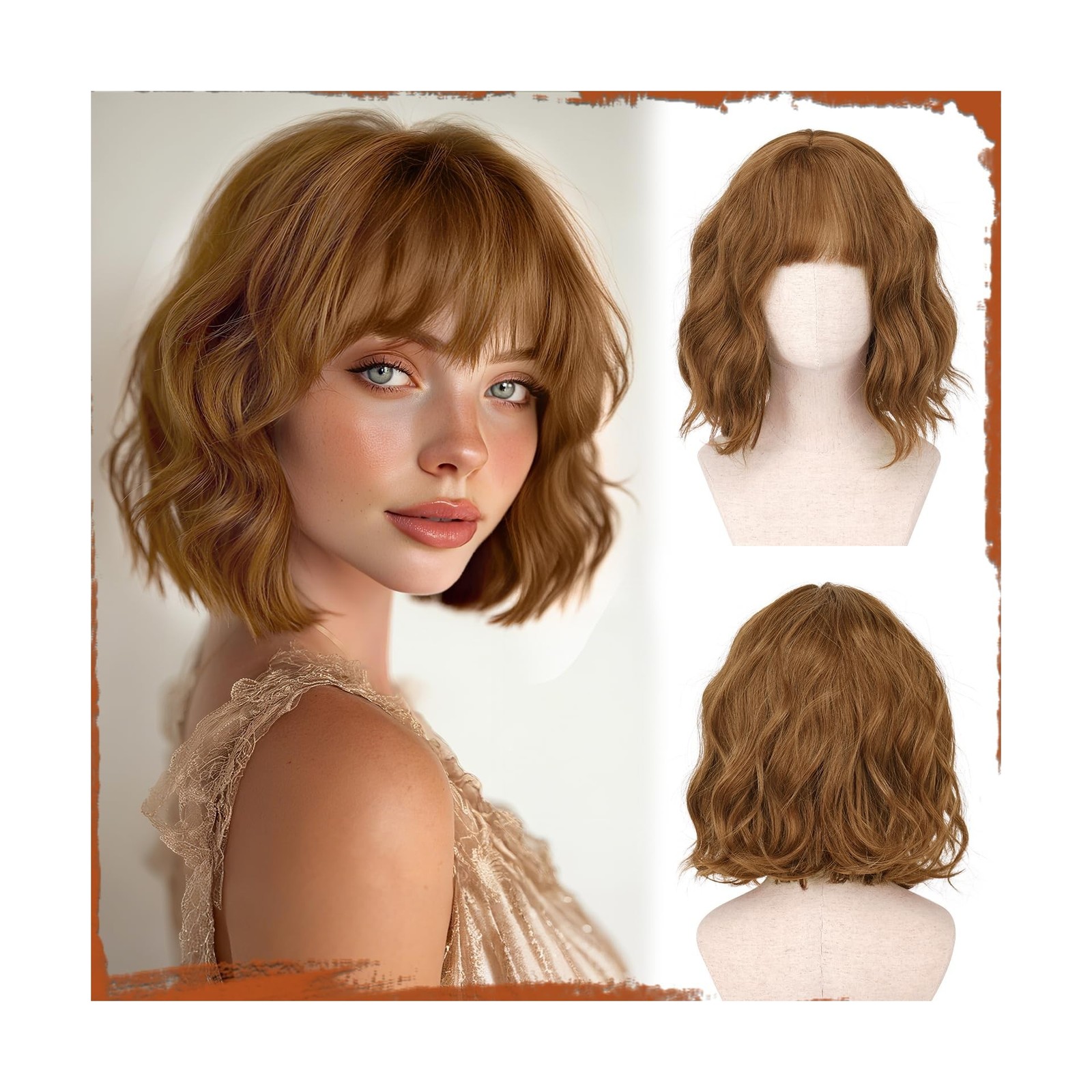 SOFEIYAN Short Wavy Auburn Wig - 12 Inch Dark Ginger Bob Wig with B... Fast Ship