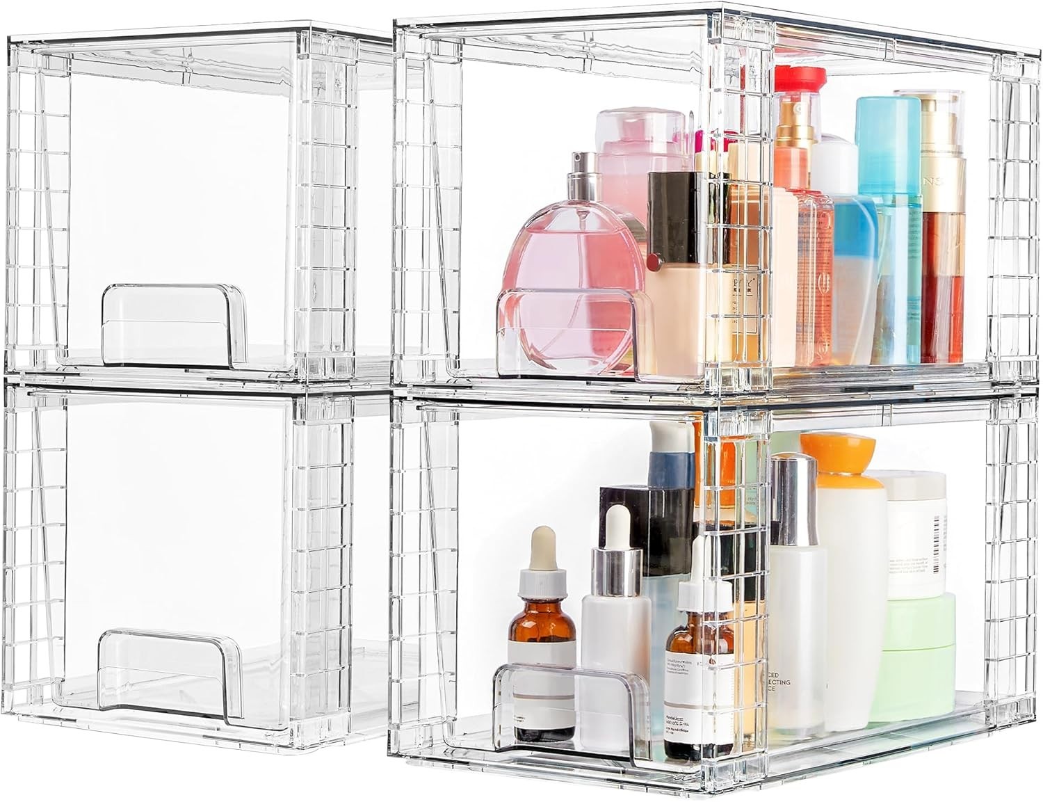 4 Pack Large Stackable Storage Drawers,Easily Assemble Acrylic Bathroom Closet