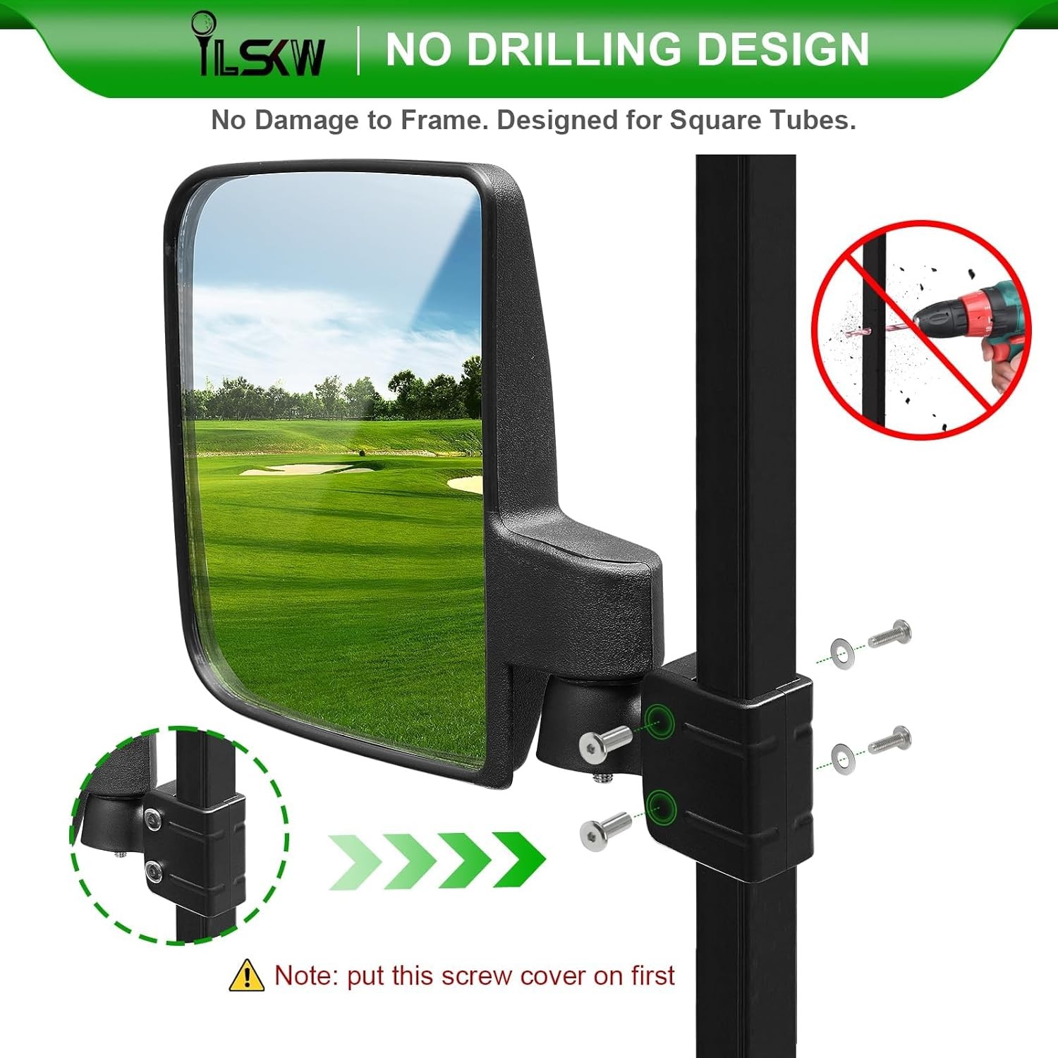 No Drilling Golf Cart Side Mirrors, Foldable Rear View Mirrors for 0.75" / 1" /