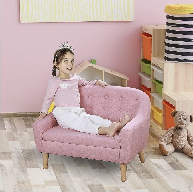 Kids Sofa Linen Fabric Wooden 2 Seat Arm Rest Children Lounge Chair Cozy Pink