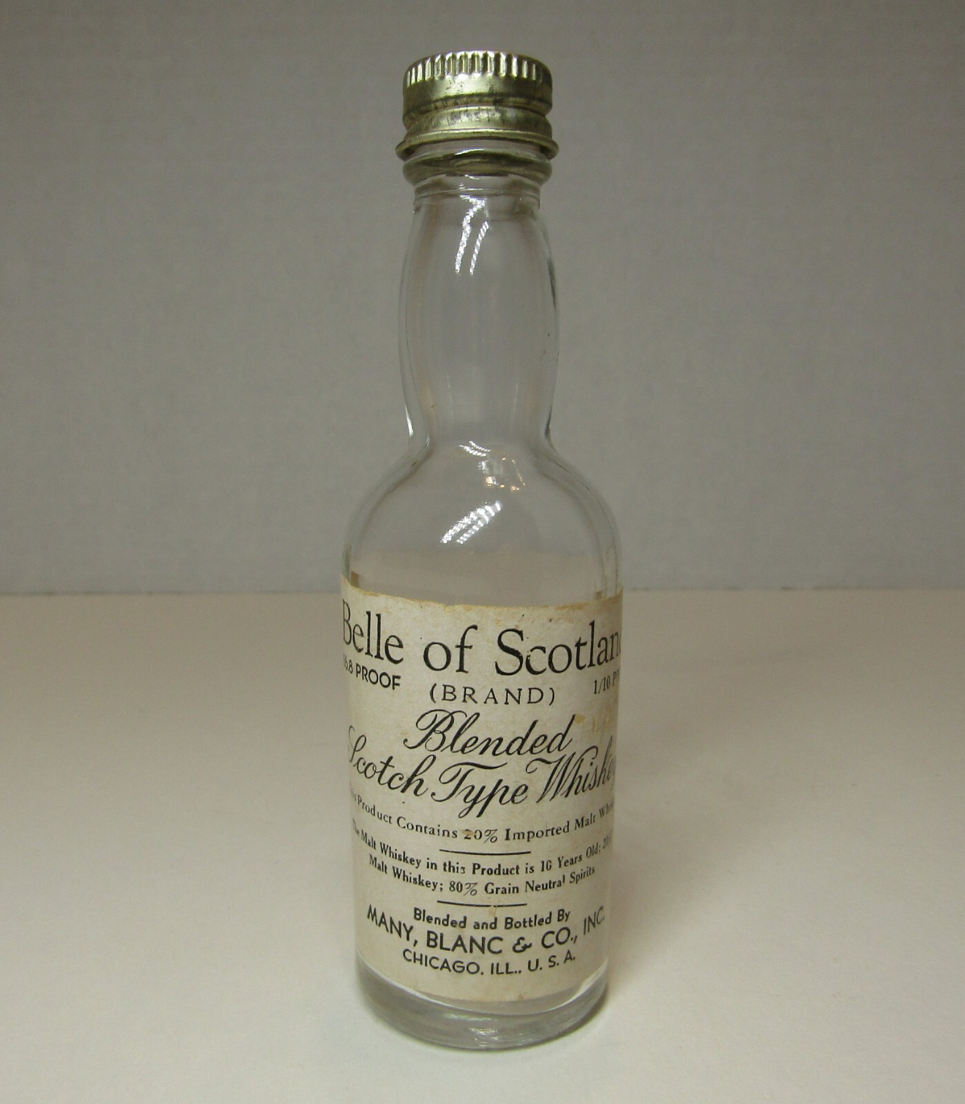 Vintage *Belle of Scotland* 1/10 Pint Empty Scotch Whiskey Bottle w/ Tax Stamp