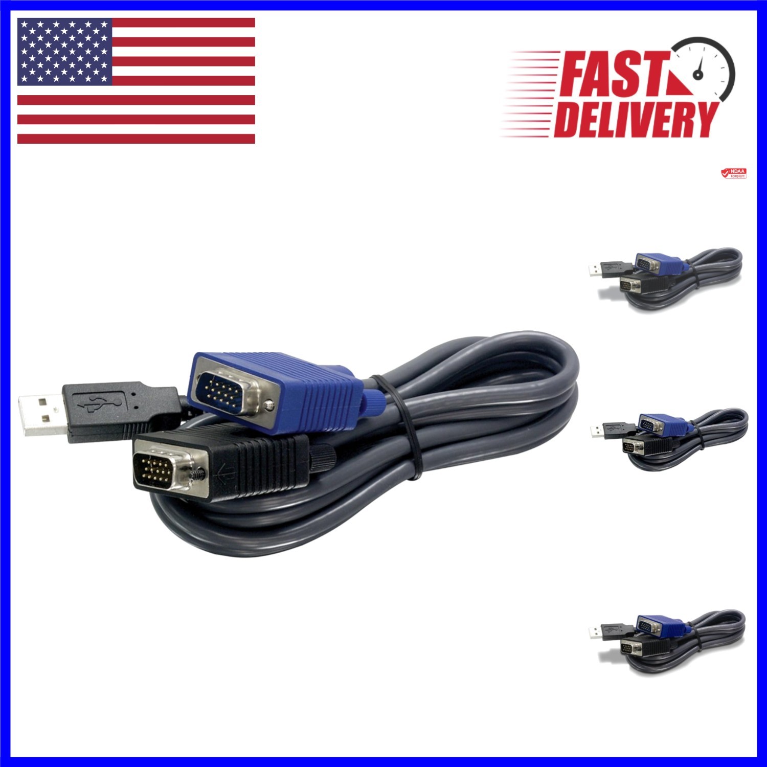 Flexible 15Ft USB VGA KVM Cable for KVM Switch Connection – NDAA Compliant