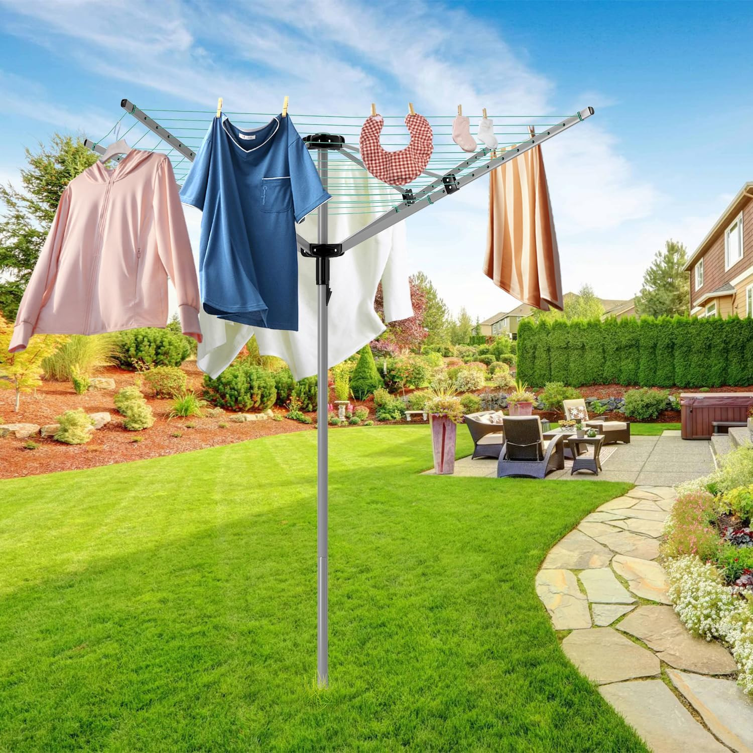 Adjustable Rotary Umbrella Clothesline - 4 Arms, 165 Ft Drying Rack