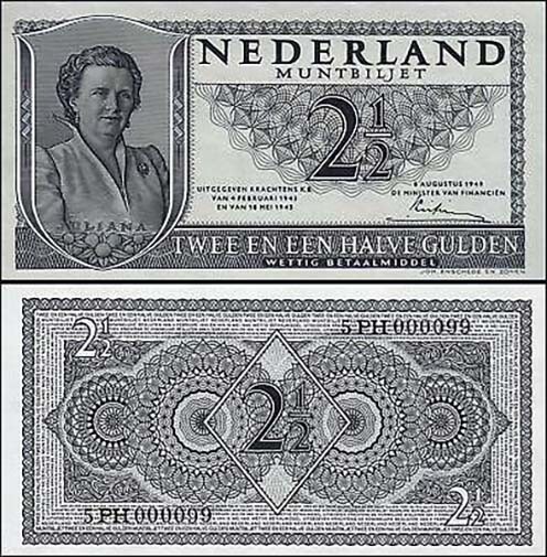Netherlands Bank note P73, 2 1/2 Gulden issued 1949