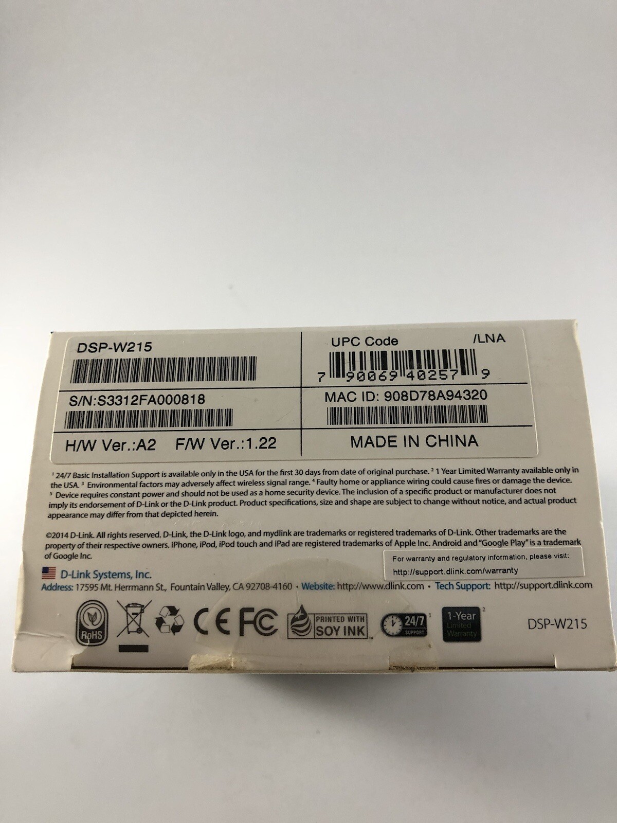 D-Link Mydlink Wi-Fi Smart Plug DSP-W215 I2.3