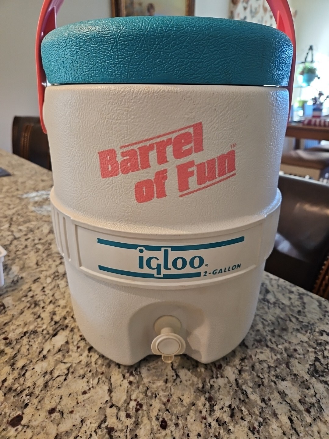 Vintage 90s Igloo Barrel of Fun 2 Gallon Drink Cooler Teal White Pink Retro Fun!