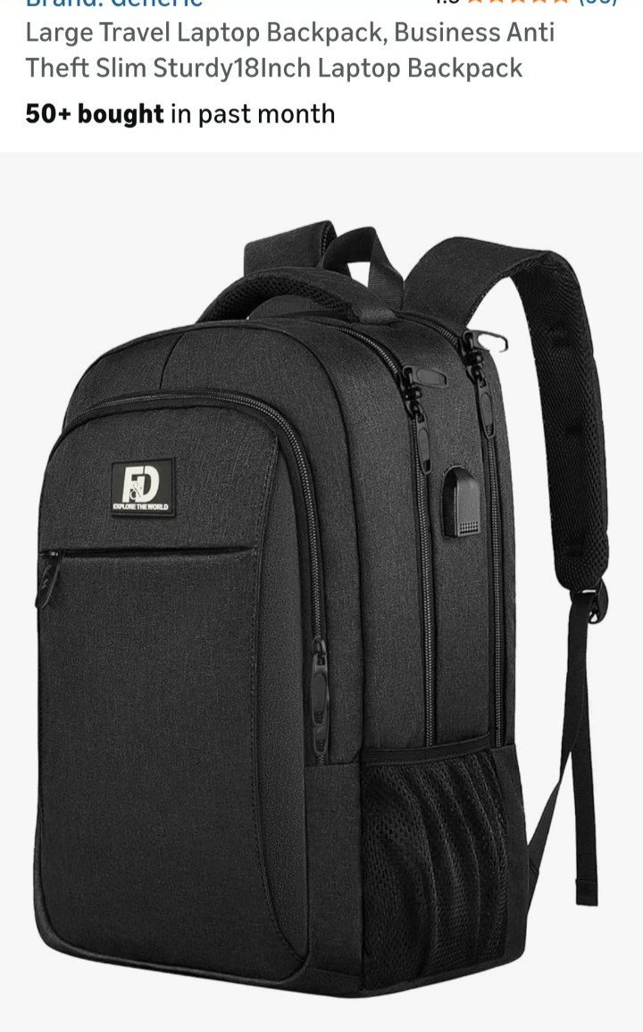 Farmer&Donkey water resistant, external USB port, holds 18in laptop backpack blk