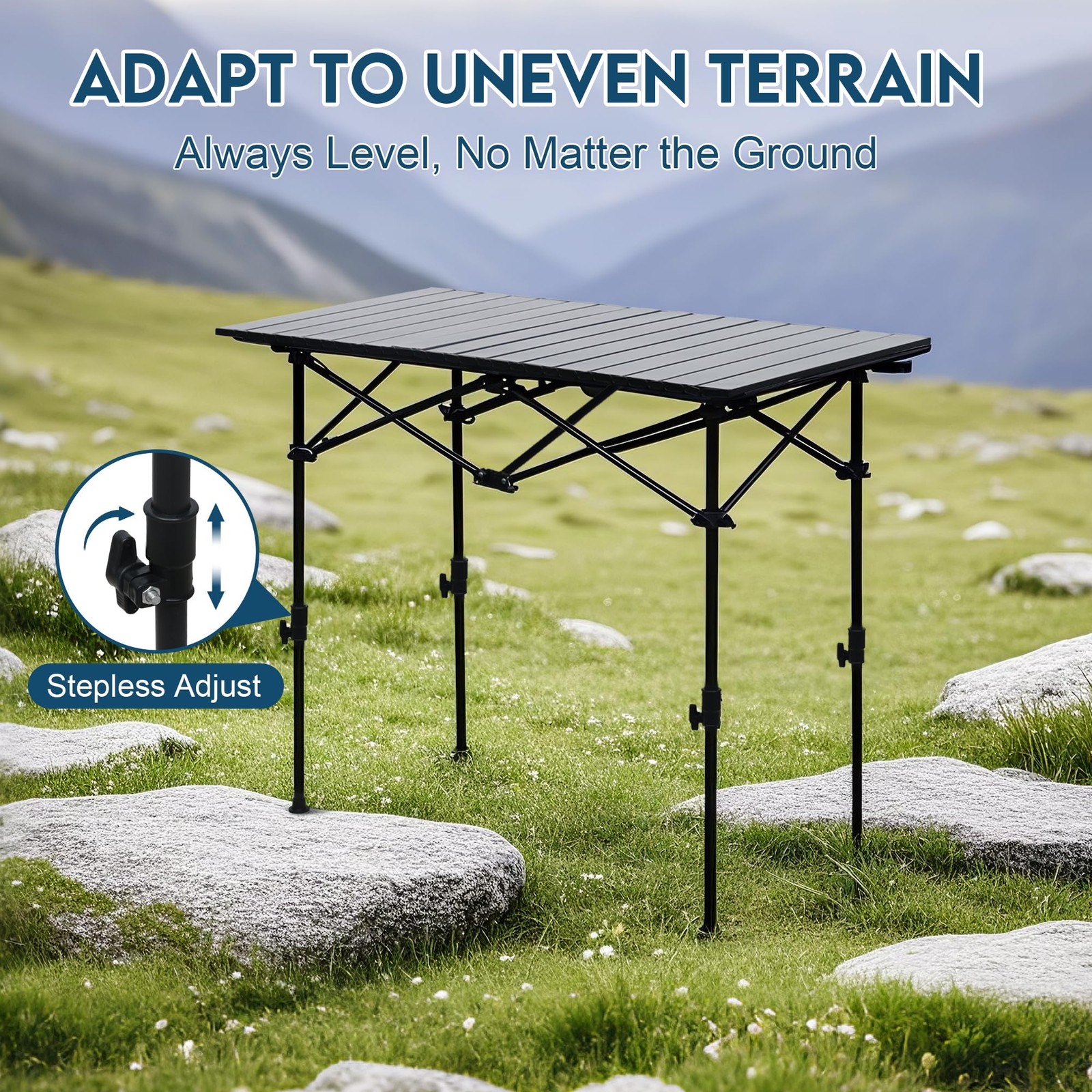 Folding Camping Table, Adjustable Height Aluminum Camp Table with Roll Up Top...