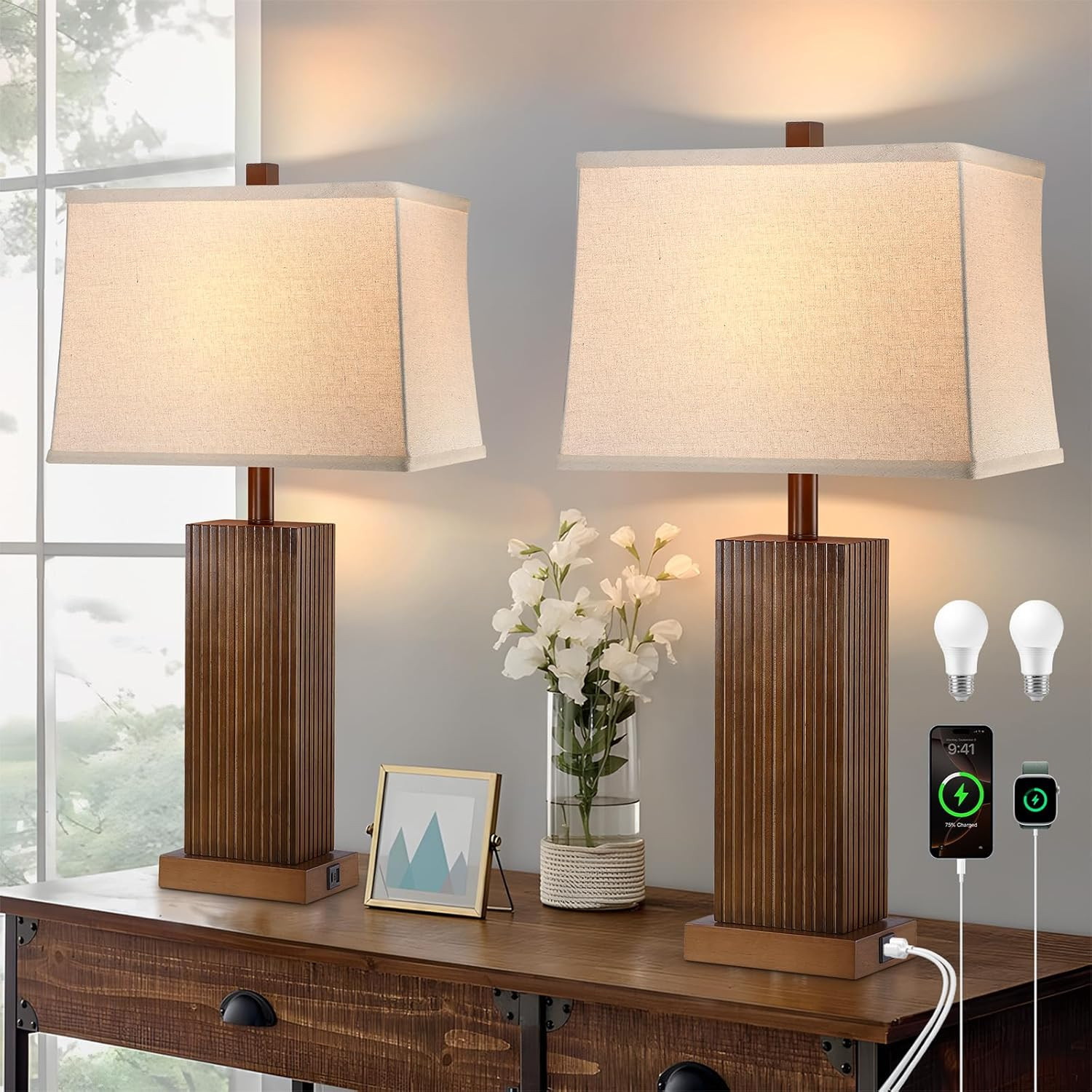 27.5" Wood Table Lamps Set of 2, Modern Farmhouse Bedroom Lamp for Nightstand wi