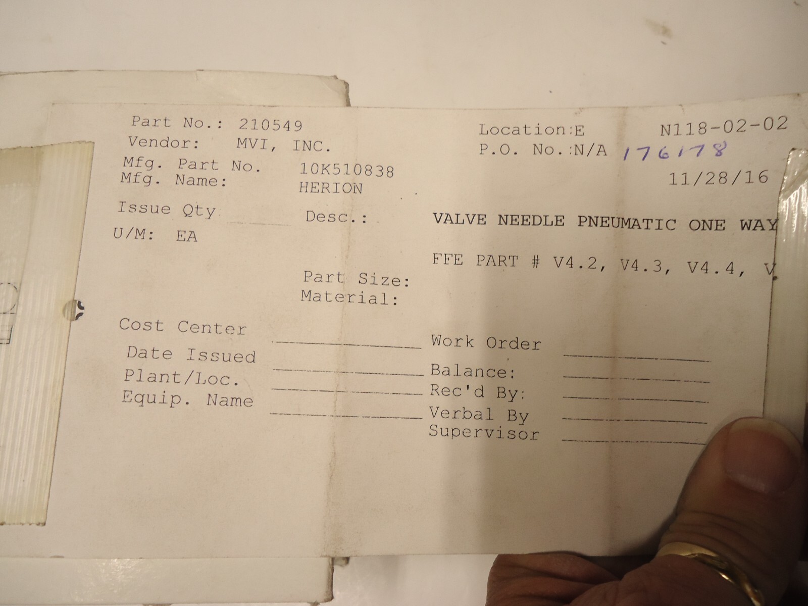 10K510838 IMI PRECISION ENGINEERING PNEUMATIC ONEWAY NEEDLE VALVE