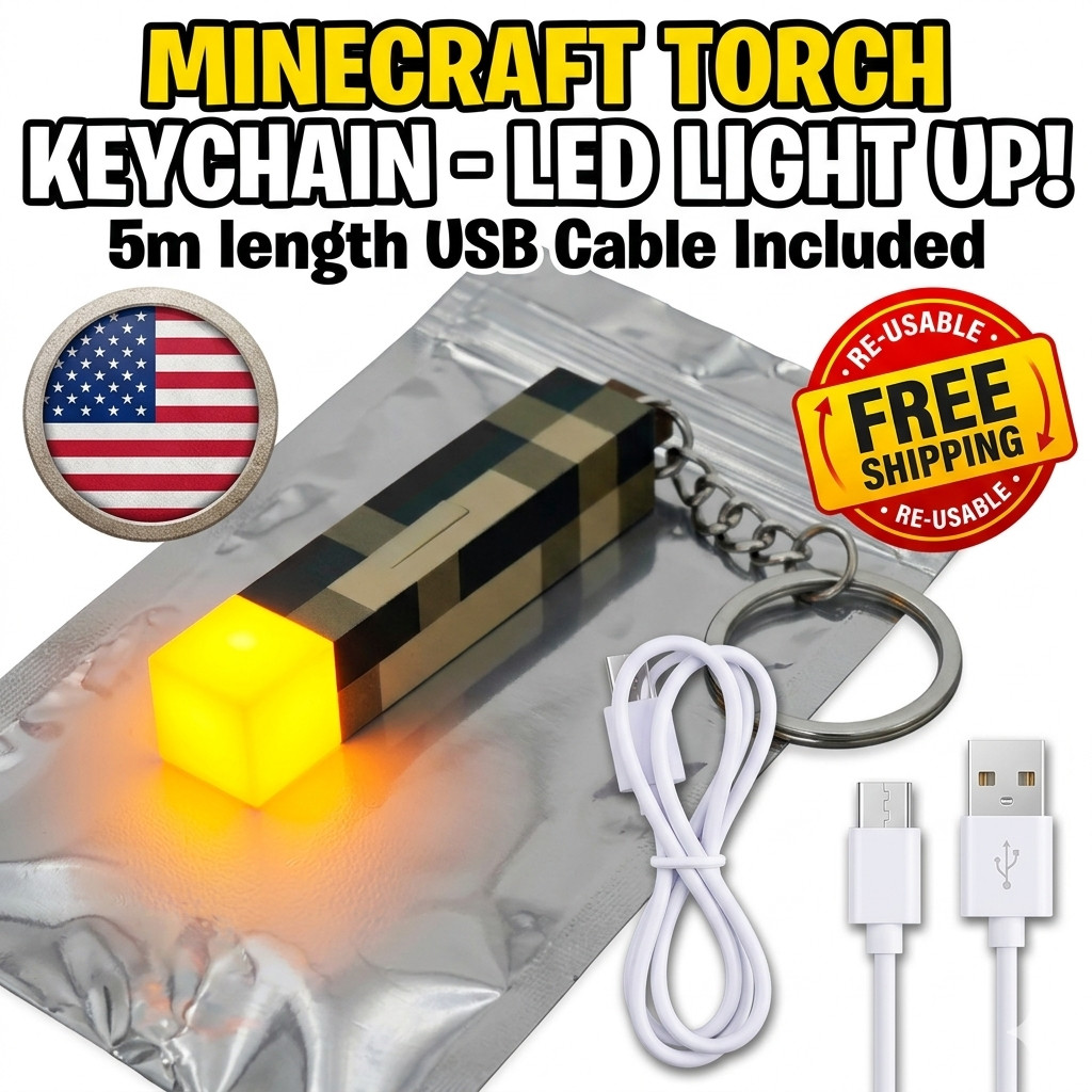 Minecraft Torch LED Keychain Flashlight Light Up Mini Rechargeable Backpack