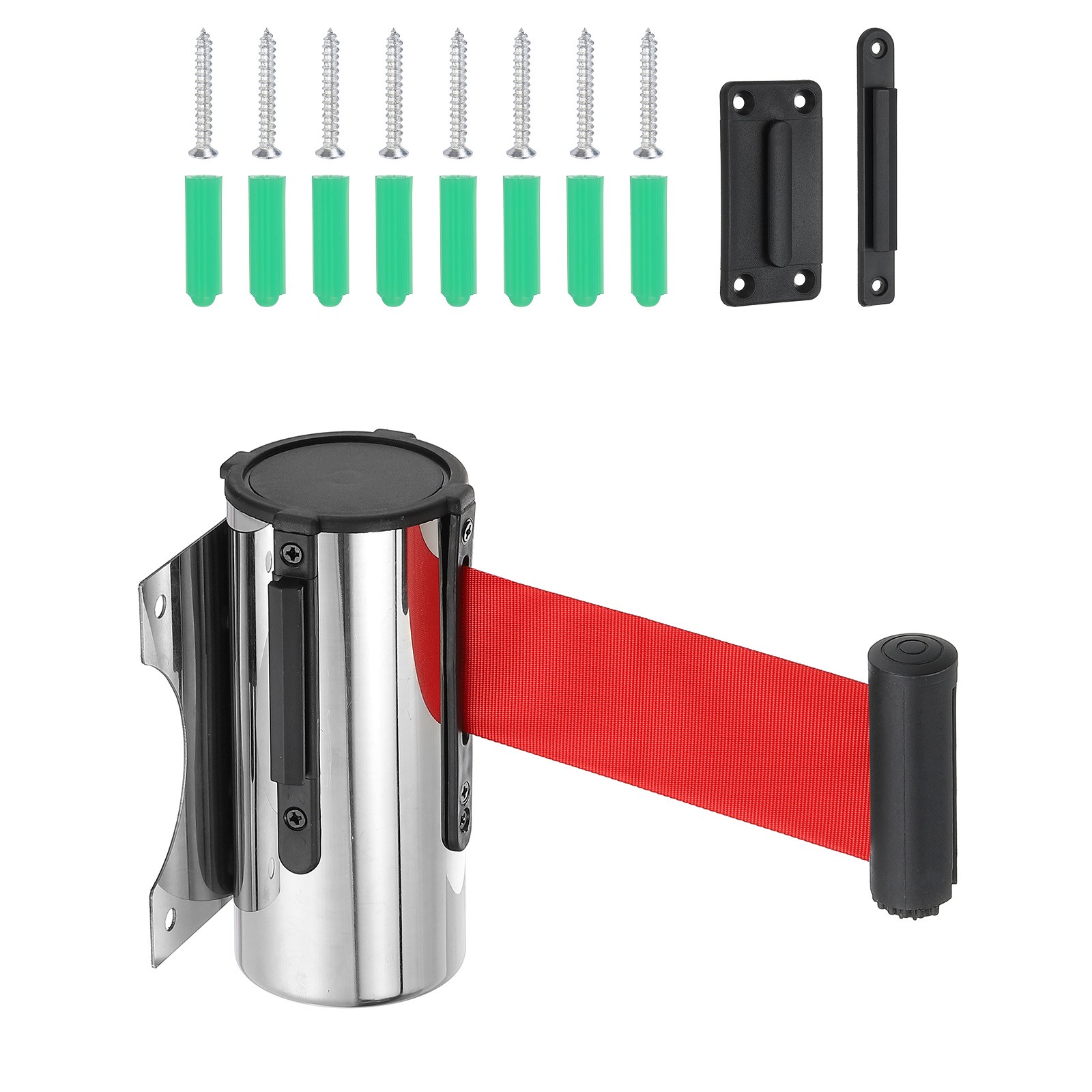9.84 Feet Wall Mount Retractable Belt Barrier,Silver Tone/Red