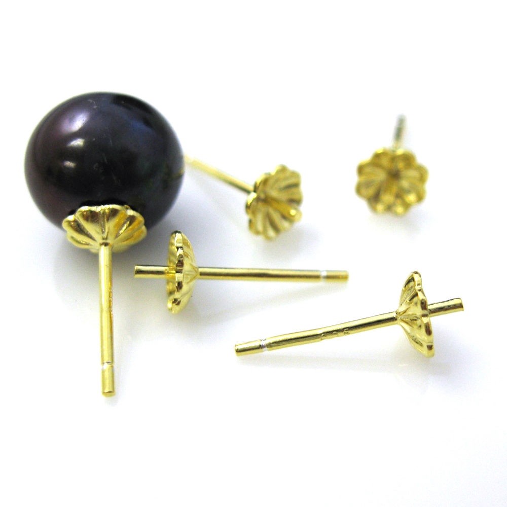 Gold over Sterling Silver Fancy Cup Earring Post for Half Drilled Pearl(5 pairs)