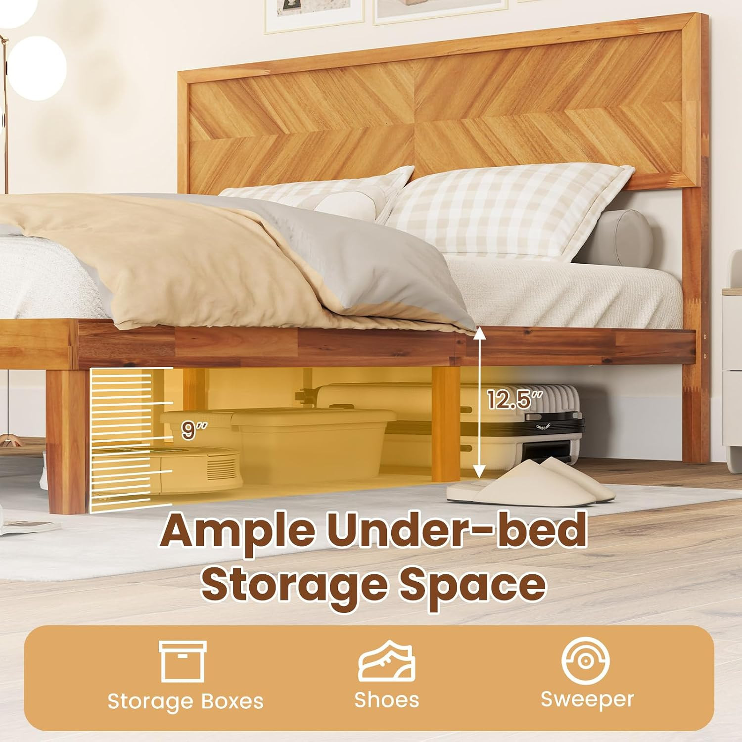 Wood Queen Bed Frame with Headboard, Solid Acacia Wood Platform Bed with 12 Stro