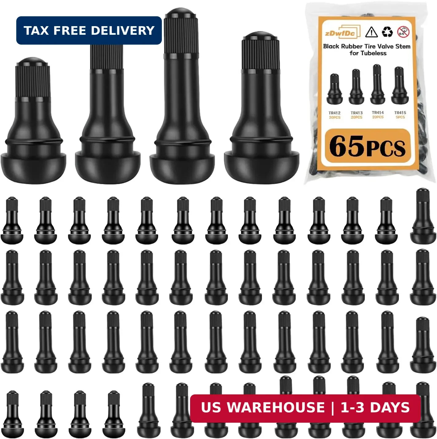65PCS Tubeless Valve Stems TR412-415 Rubber Snap Black Standard Length Replaceme
