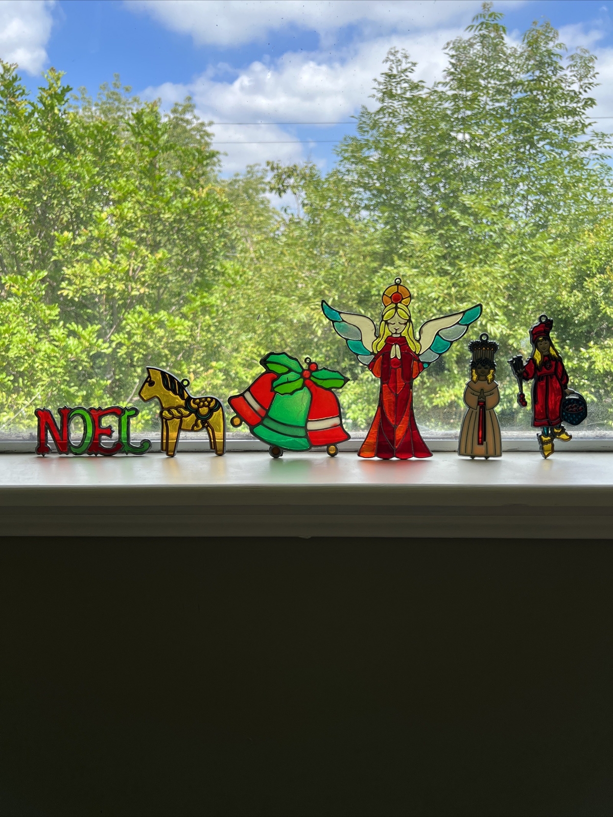 Vintage Suncatcher Ornament Christmas 5” Faux Stained Glass MCM Decor Set Of 6!!