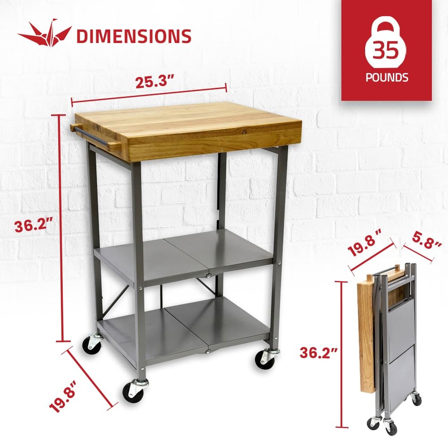 Origami Foldable Kitchen Island Cart, Rolling Storage Table Organizer with Wh...