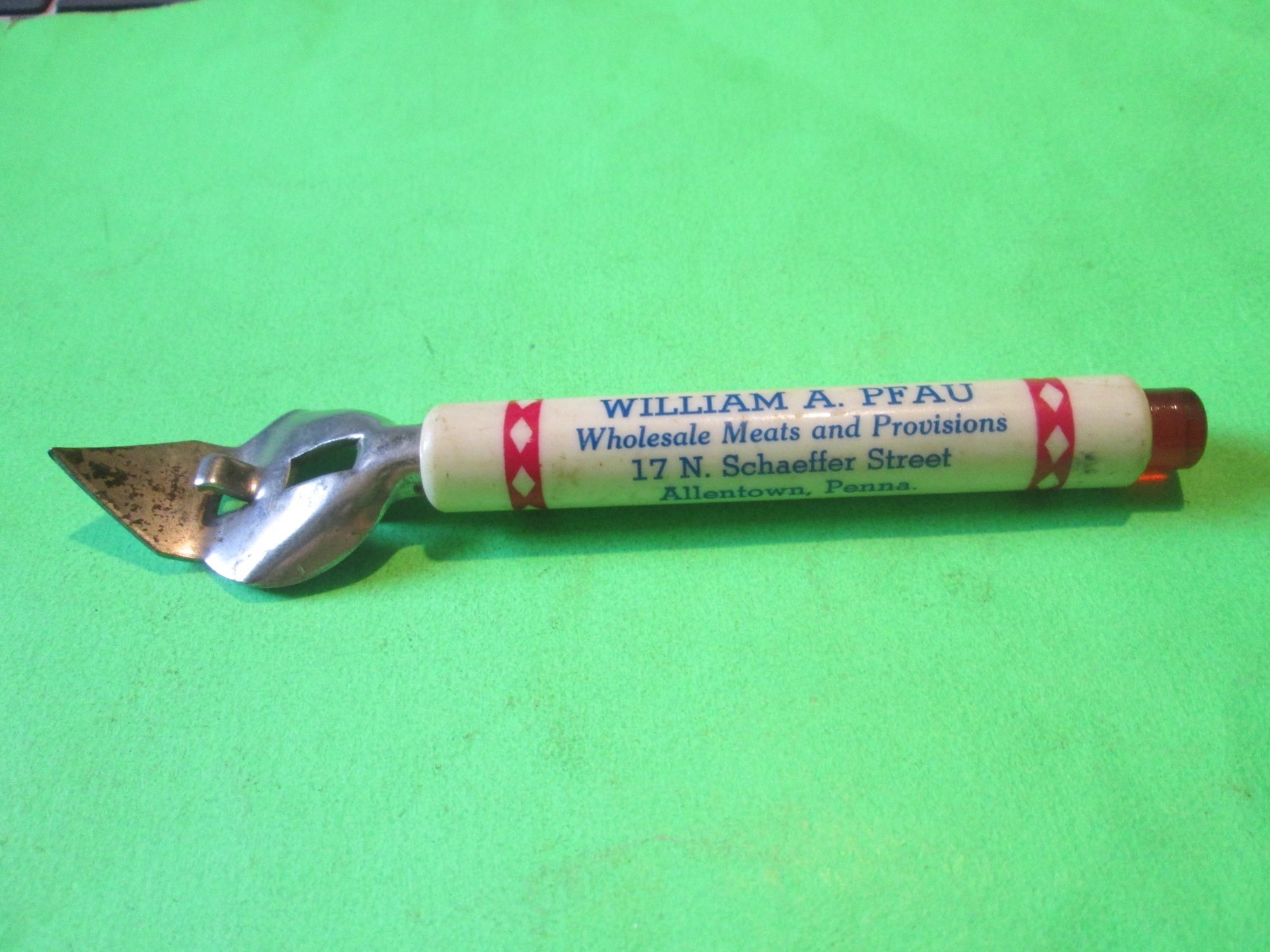 VTG WILLIAM A PFAU WHOLESALE MEATS AND PROVISIONS BOTTLE CAN OPENER PENNA PA