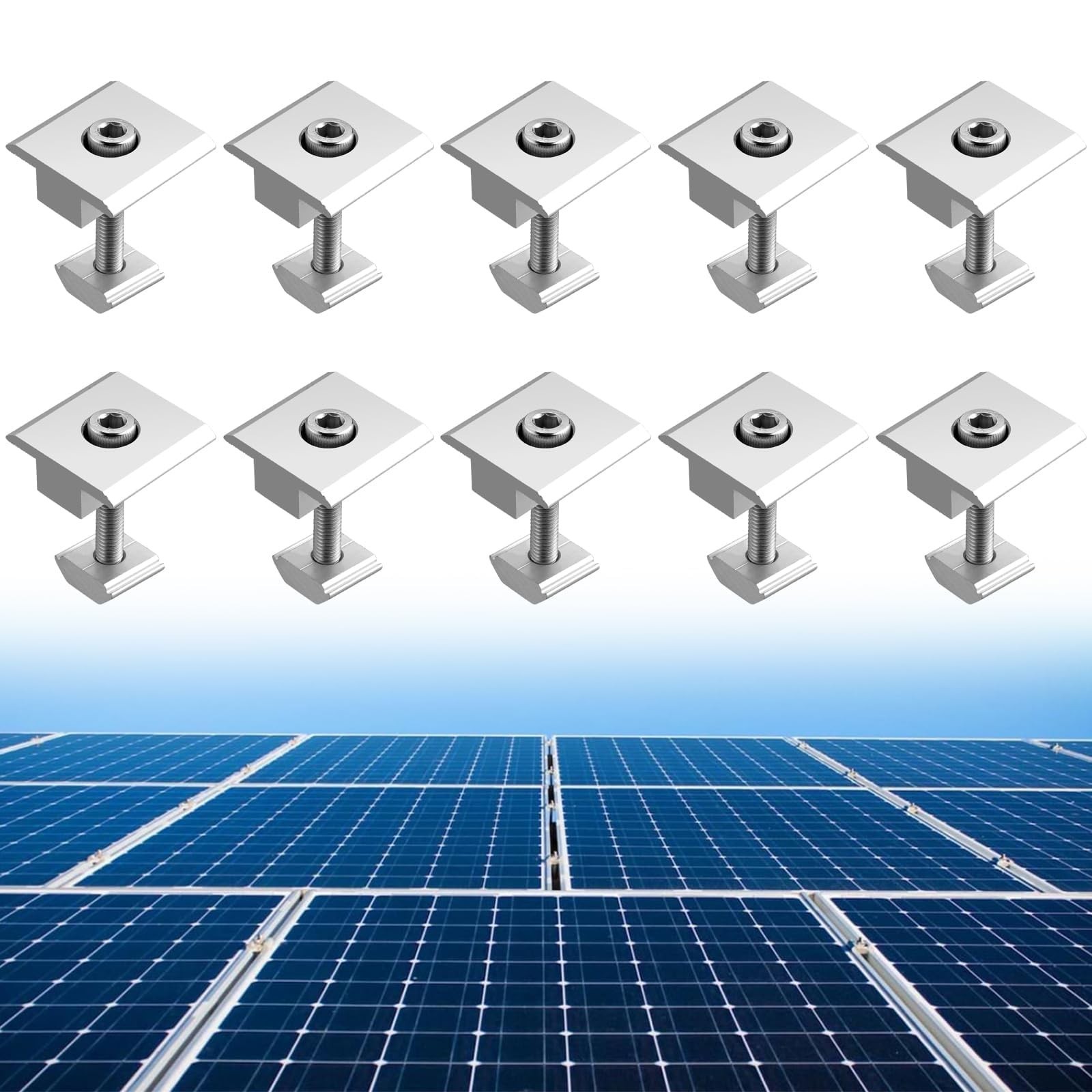 Anbte 10pcs Solar Panels Centre Clamps, Aluminium T-Shaped Mid Clamps 35mm So...