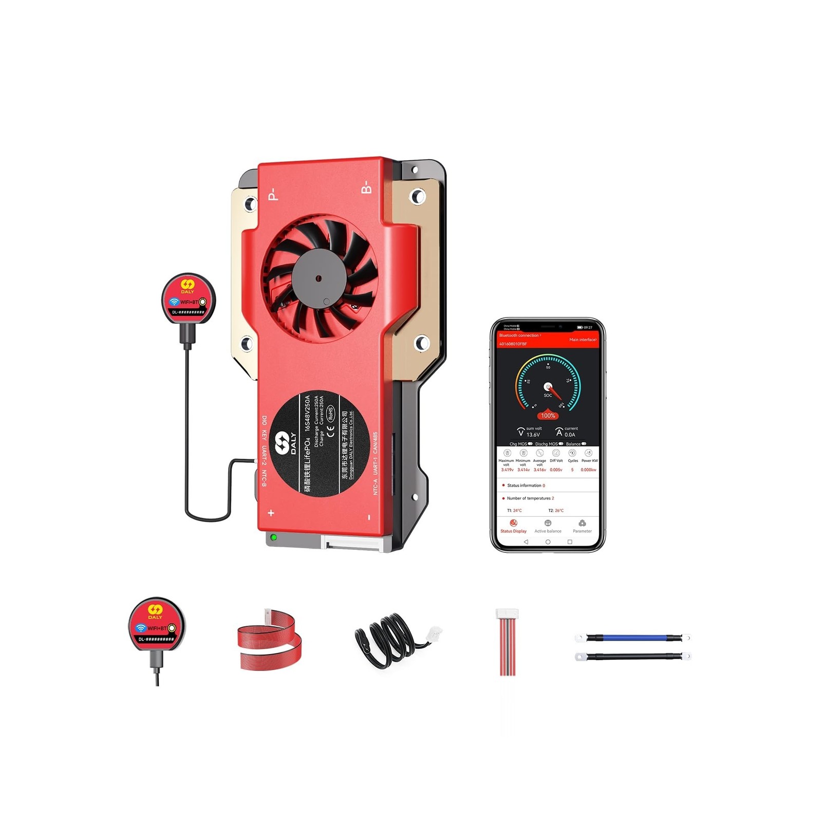 DALY BMS 16S 48V LiFePO4 250A Smart Protection Board with Bluetooth WiFi Moni...