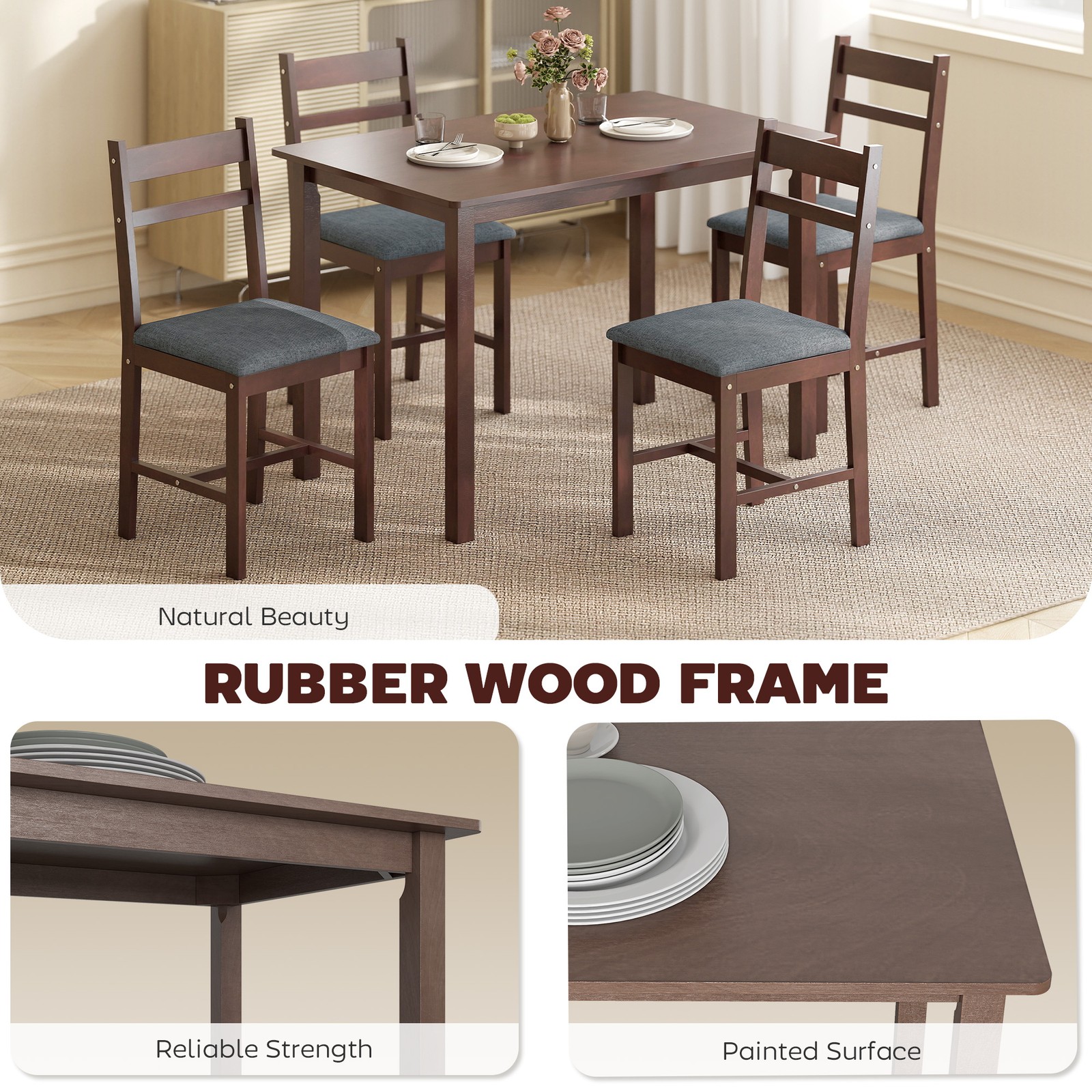 5-Piece Dining Table Set for 4, Kitchen Table and Chairs, Walnut