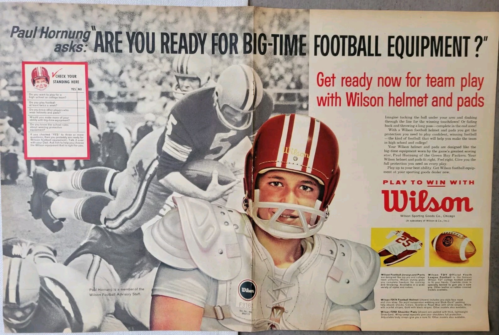 1962 Wilson football helmet pads Is equipment Paul Hornung two page vintage ad