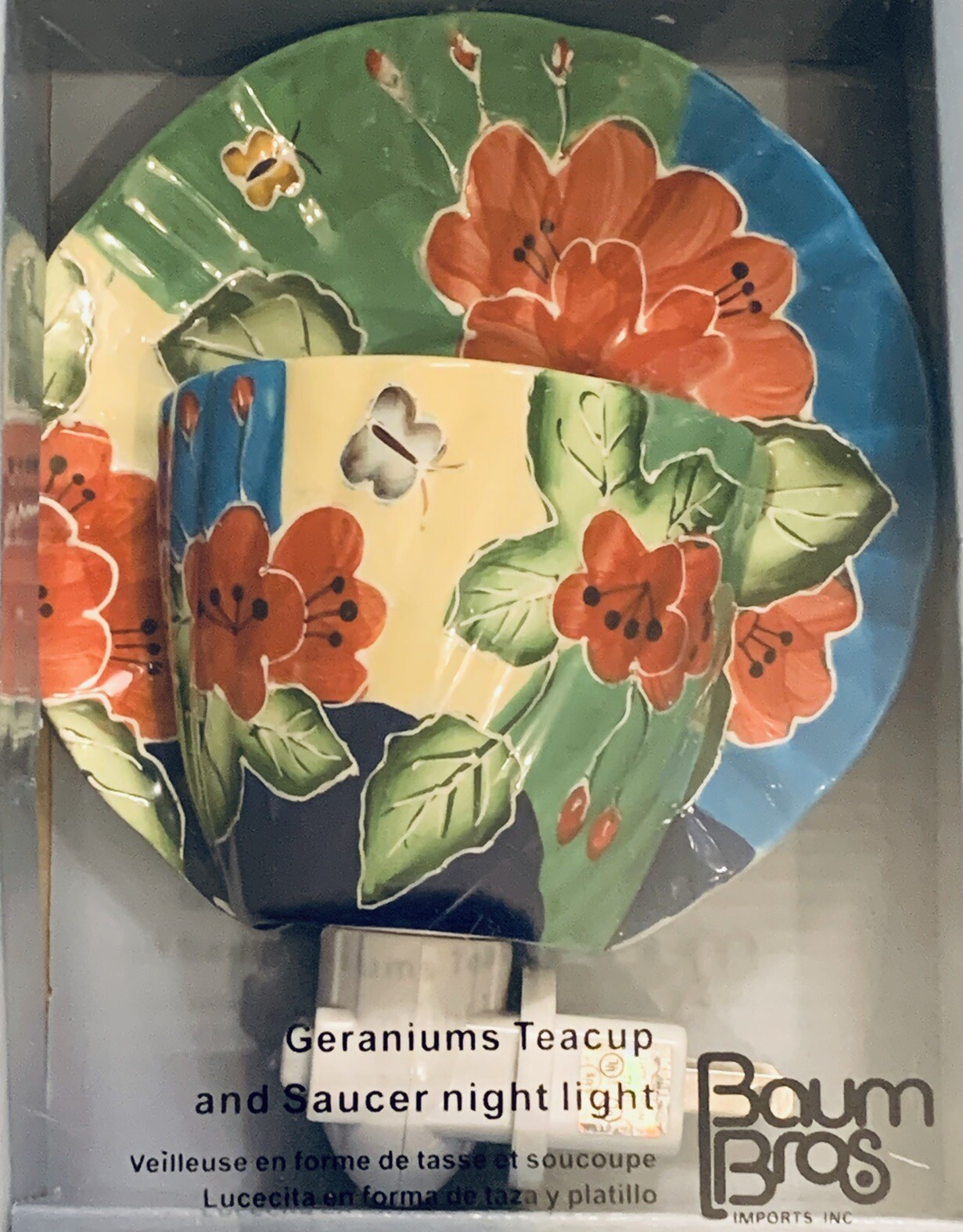 NEW Baum Bros- Style Eyes- Tea Cup & Saucer Pocket Night Light 7x6” RARE PATTERN
