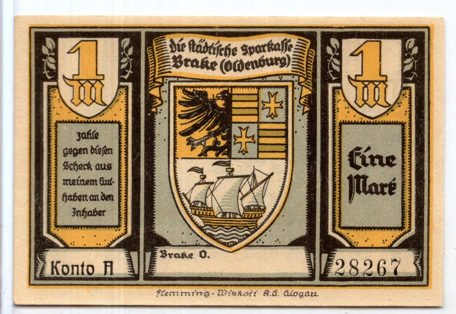 1922 Germany Brake Notgeld 1 Mark Note (NG713)