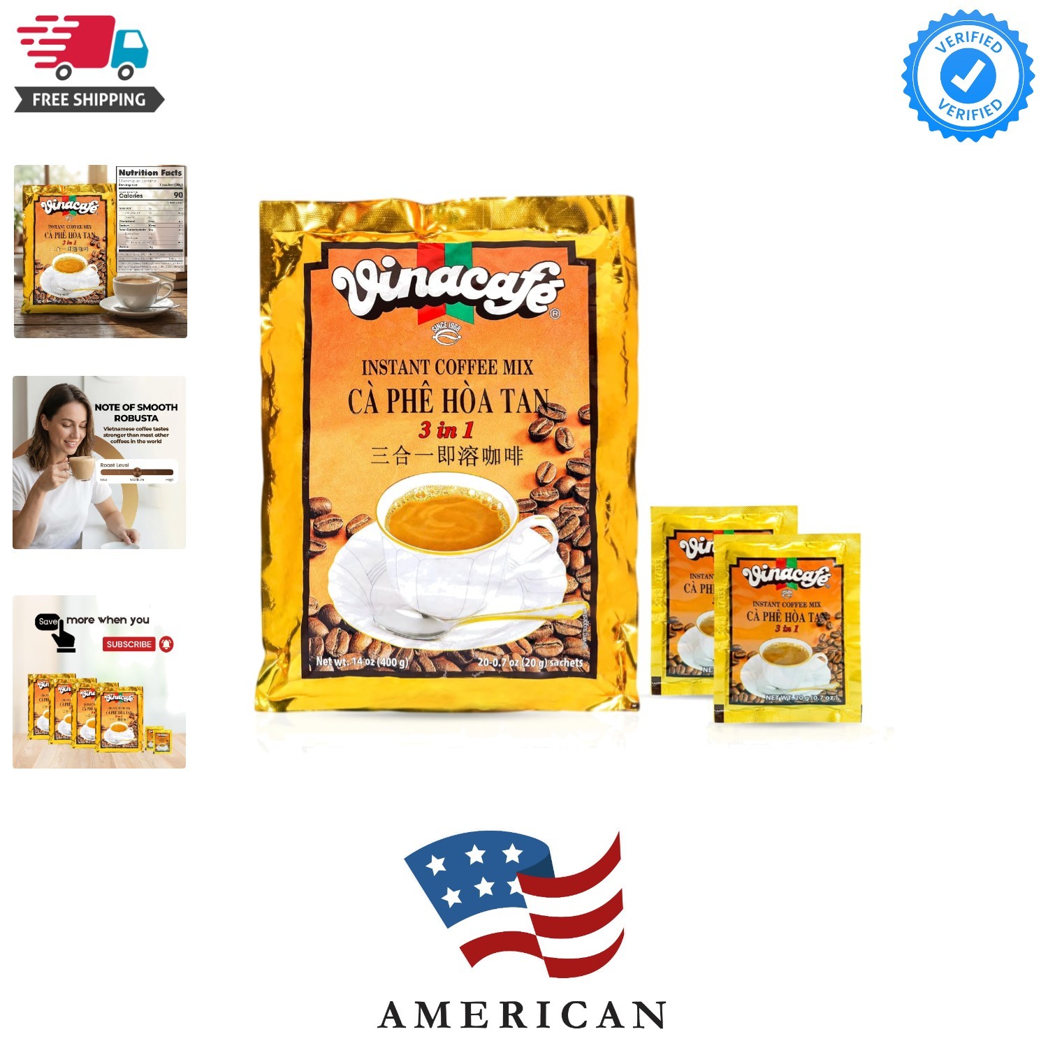 Instant Coffee Packets 3 in 1 Authentic Vietnamese Taste, Balanced Medium Roa...