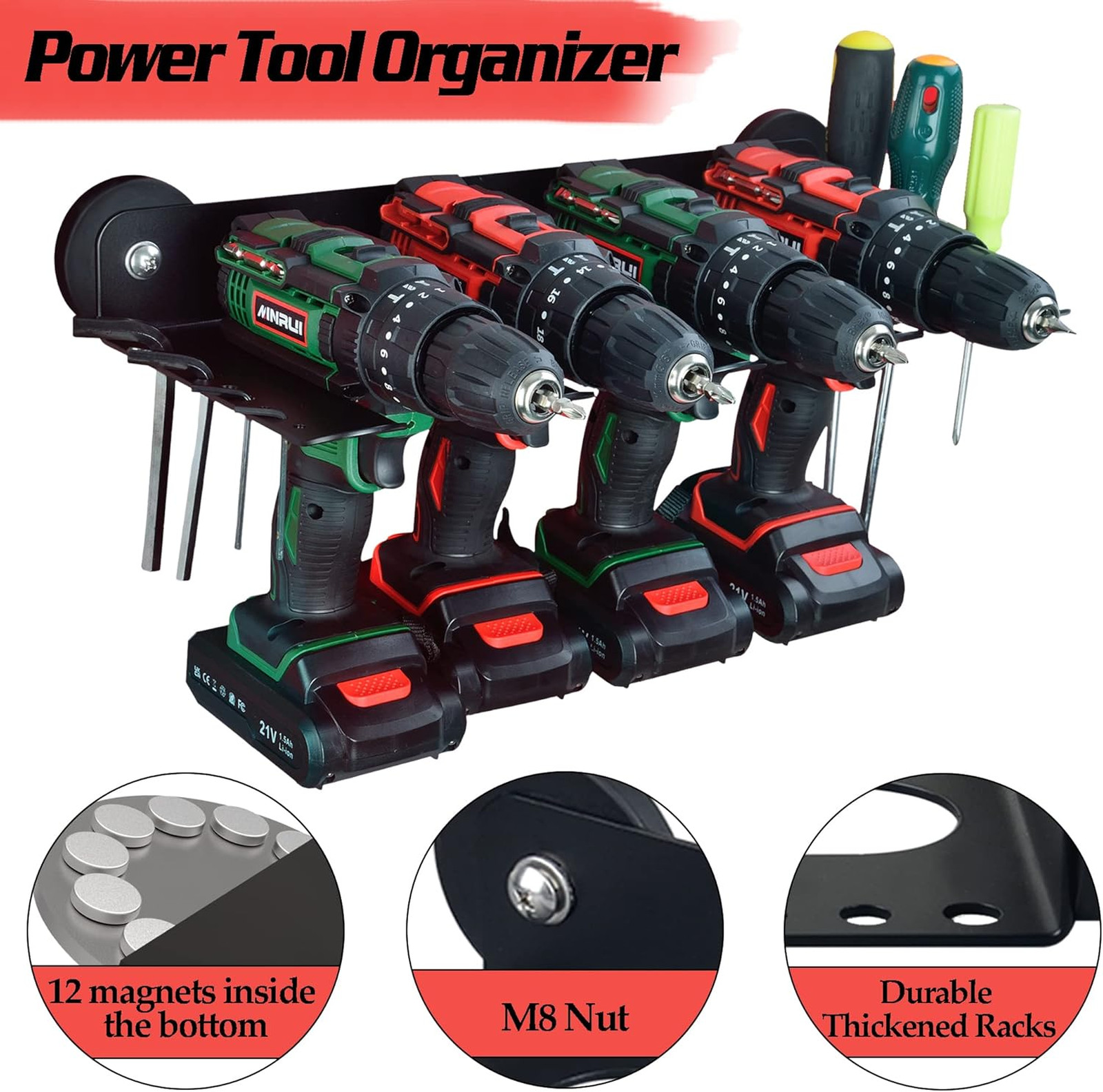 Magnetic Power Tool Organizer, Utility Storage Rack Shelf, Wall Mount Drill