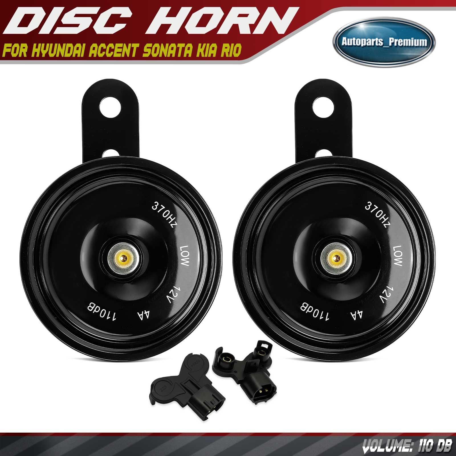 2x 76.5mm Black Metal Disc Horn w/ 2 Connectors for Hyundai Accent Sonata Kia