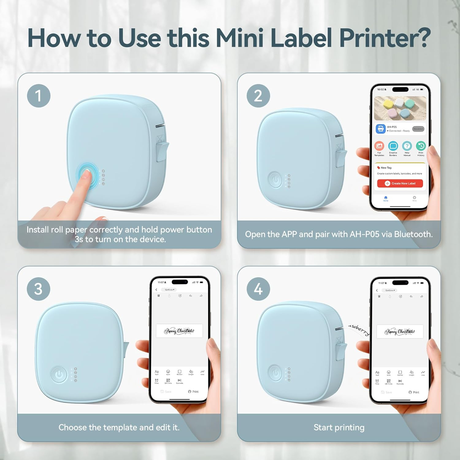 Mini Label Maker Machine with Tape AH-P05, Portable Bluetooth Mini Label Printer